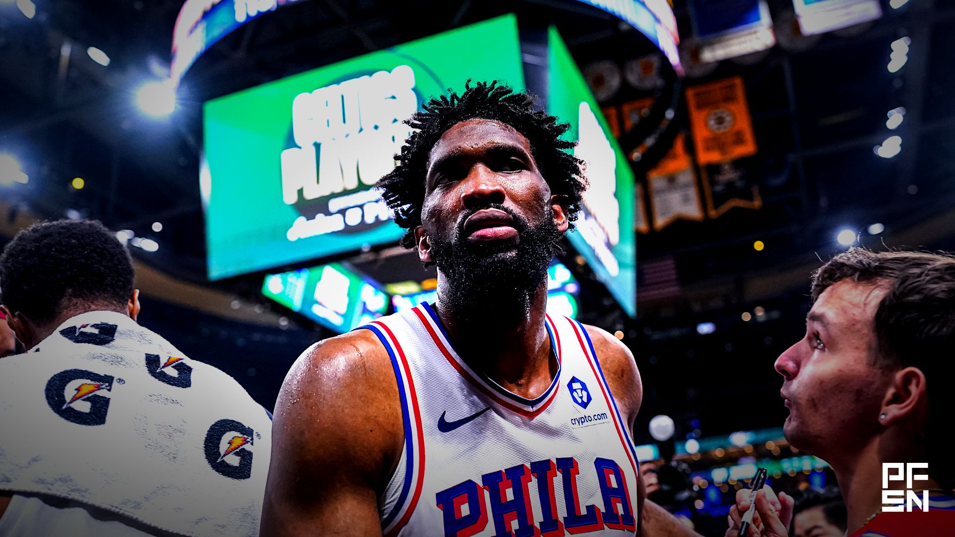 Philadelphia 76ers center Joel Embiid (21) exits the court after the game against the Boston Celtics in game five of the first round of the 2026 NBA Playoffs at TD Garden.