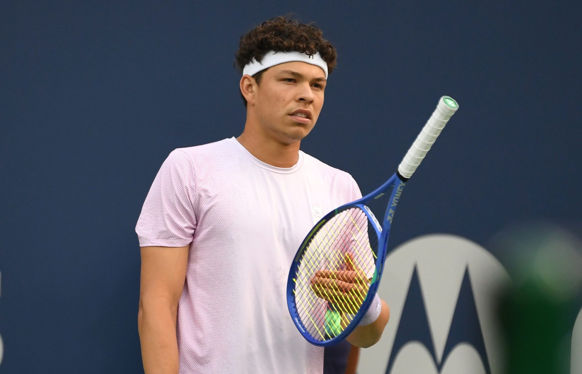 Ben Shelton (USA) spins his racquet after losing a point against Flavio Cobolli (ITA) during fourth round play at Sobeys Stadium.