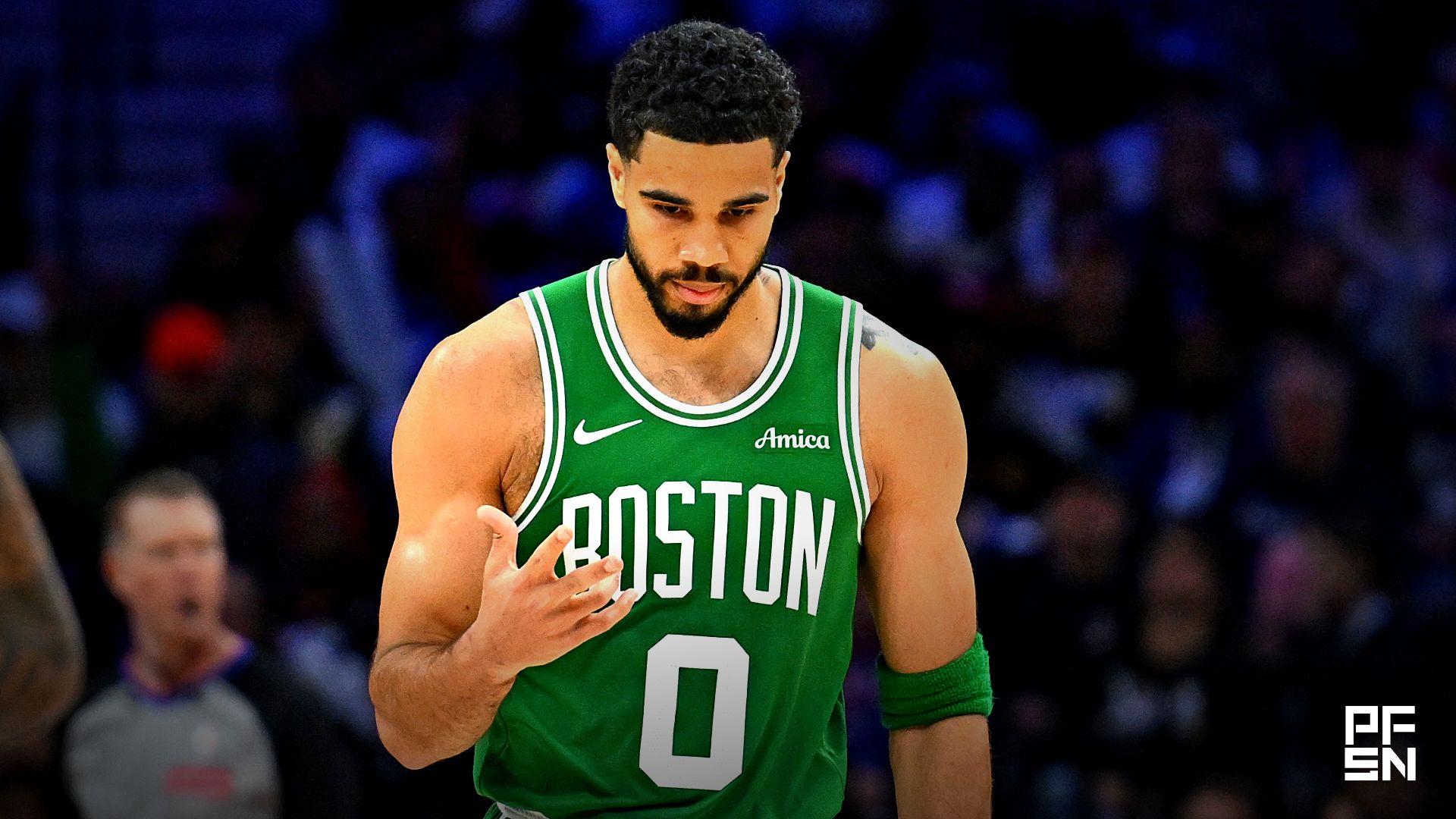 Boston Celtics forward Jayson Tatum (0) reacts after making a three point basket against the Philadelphia 76ers during the second half at Xfinity Mobile Arena.