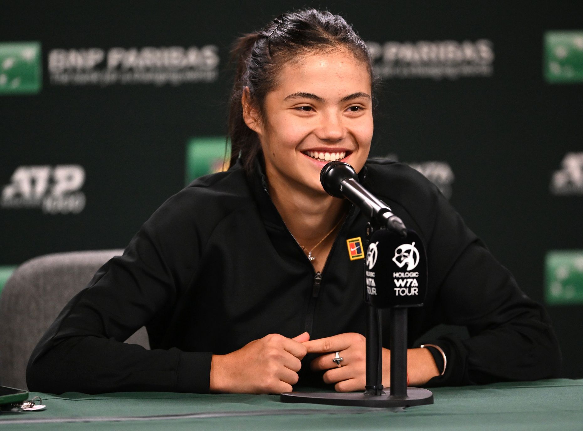 Emma Raducanu (GBR) answers questions during a media interview at the BNP Paribas Open at Indian Wells Tennis Garden.