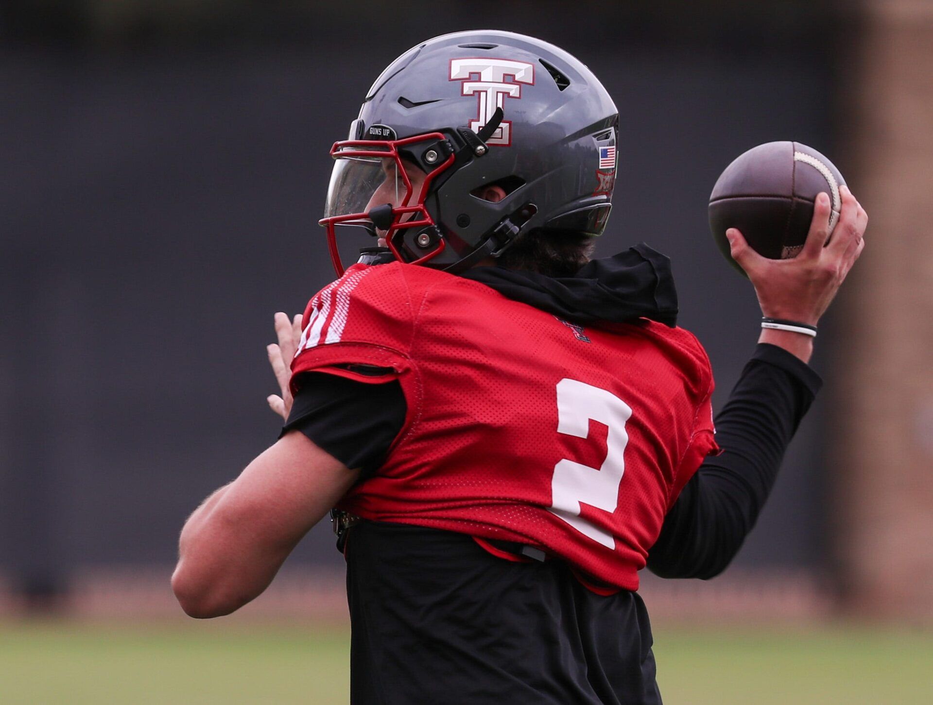 Texas Tech's Brendan Sorsby goes through a drill during spring football practice, Tuesday, April 14, 2026, at the Womble Football Center.
