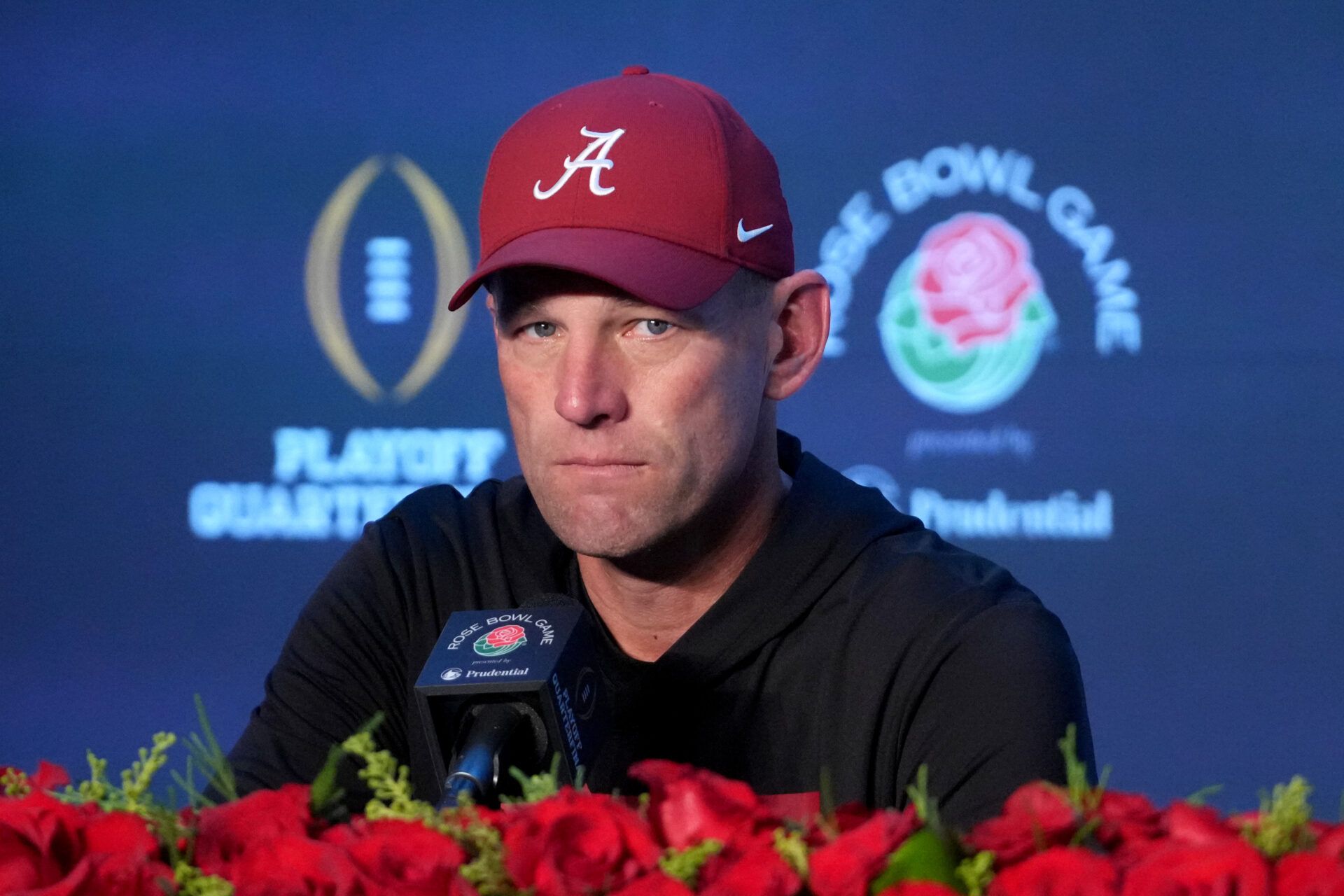 Alabama Crimson Tide head coach Kalen DeBoer speaks in a press conference after the 2026 Rose Bowl and quarterfinal game of the College Football Playoff at Rose Bowl Stadium.