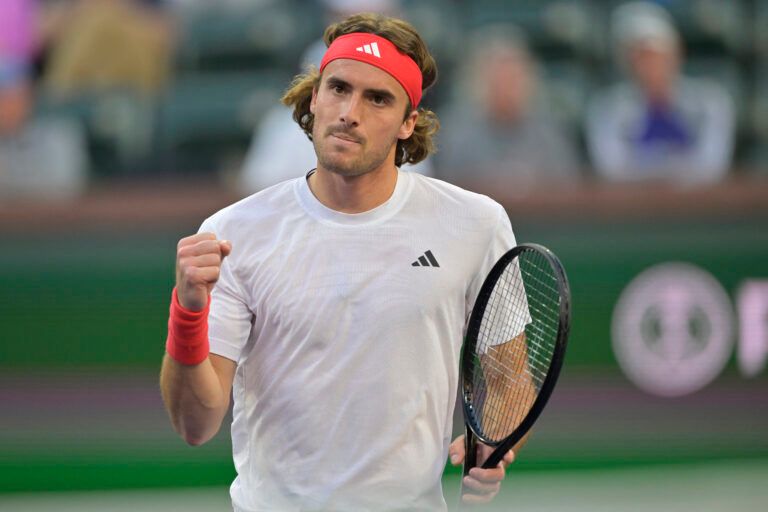 Stefanos Tsitsipas (GRE) hits a shot as he defeated Thiago Seyboth Wild (not pictured) in his second round match during the BNP Paribas Open at the Indian Well Tennis Garden.