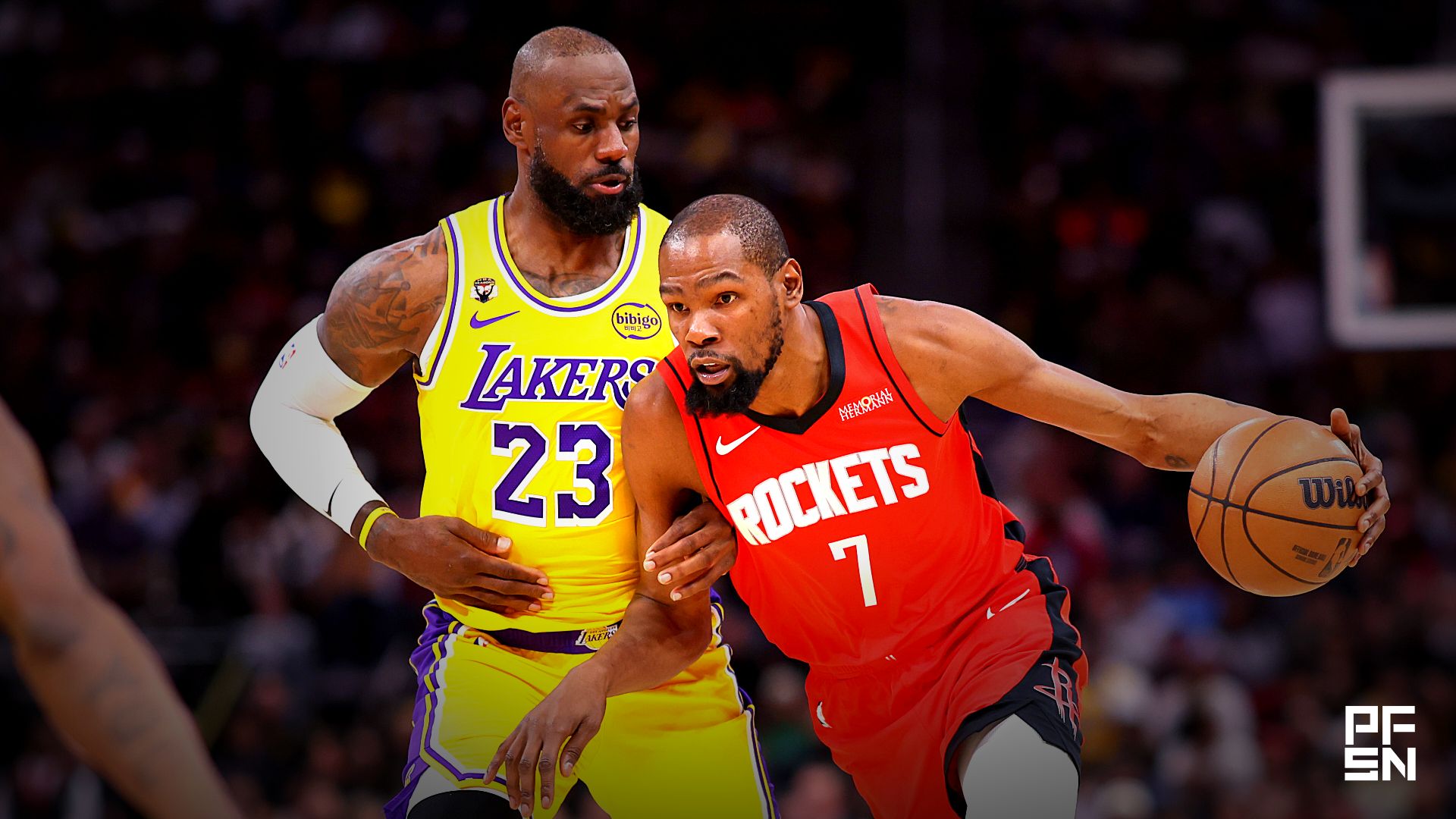 Houston Rockets forward Kevin Durant (7) dribbles the ball as Los Angeles Lakers forward LeBron James (23) defends during the first quarter at Toyota Center.
