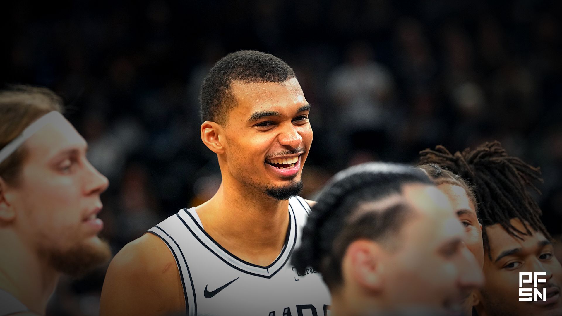 San Antonio Spurs forward Victor Wembanyama (1) celebrates along with teammates after a victory over the Portland Trail Blazers in game five of the first round of the 2026 NBA Playoffs at Frost Bank Center.