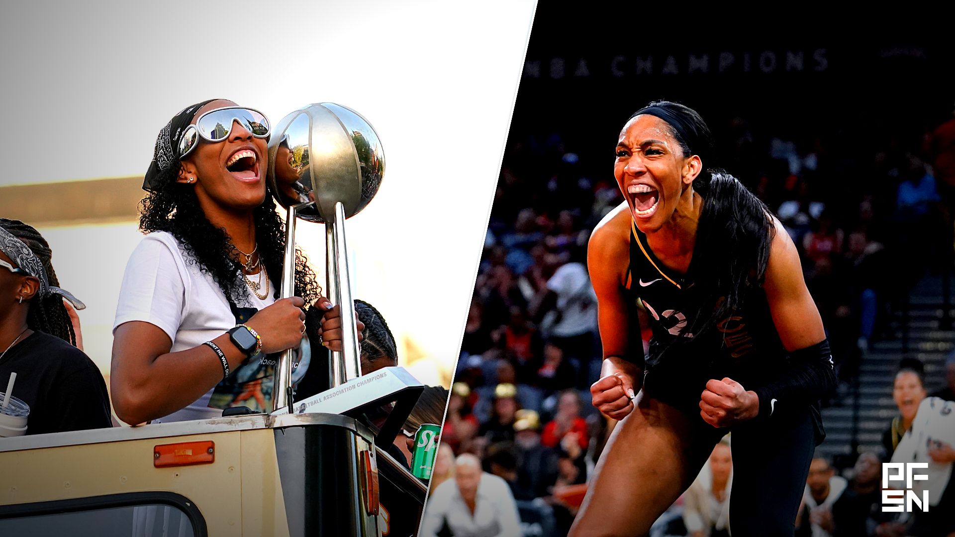 Collage featuring WNBA: Las Vegas Aces-Championship parade and WNBA: Los Angeles Sparks at Las Vegas Aces.
Lucas Peltier-USA TODAY Sports
