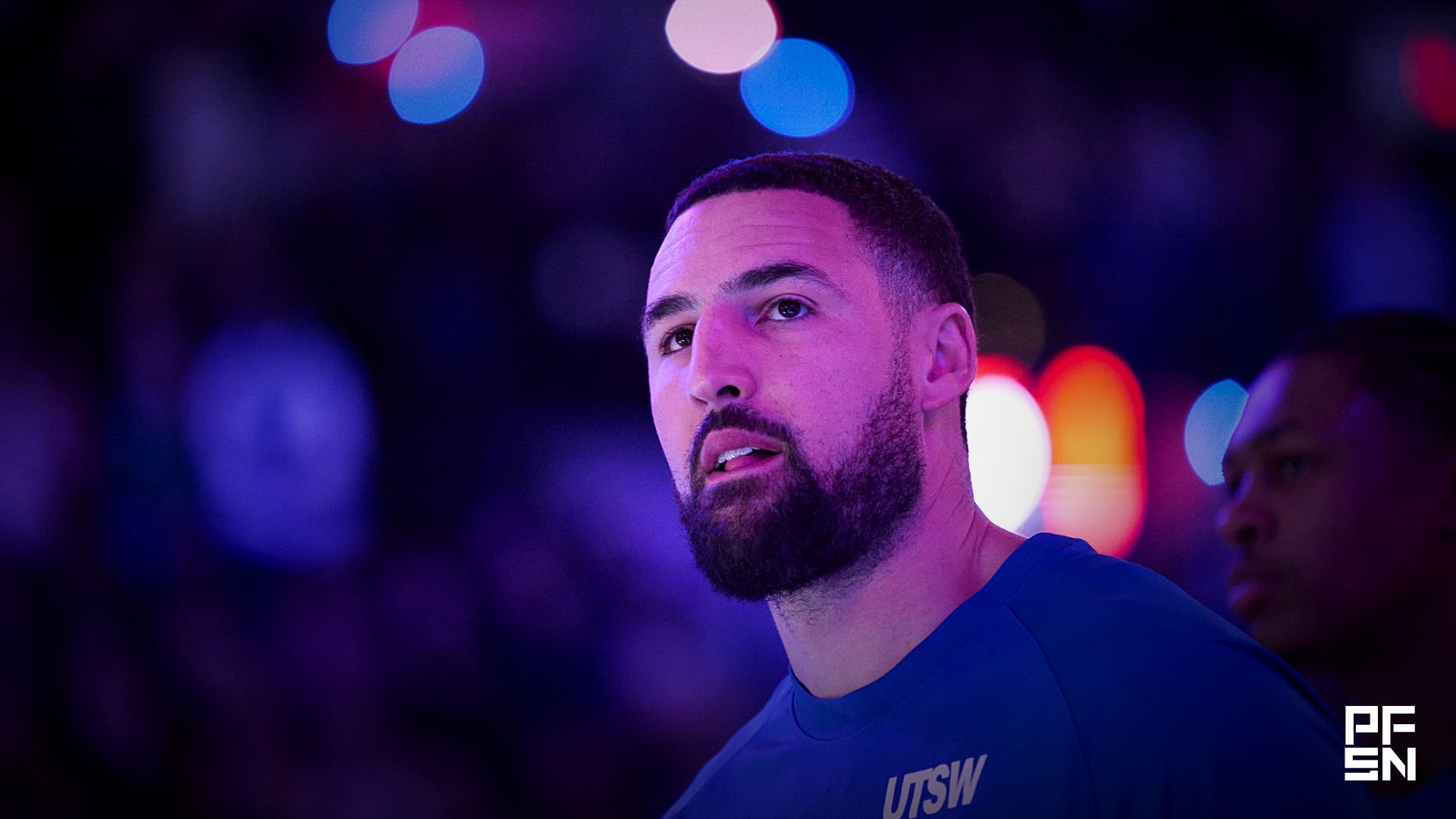 Dallas Mavericks guard Klay Thompson (31) stands during the singing of the national anthem before a game against the Portland Trail Blazers at Moda Center.