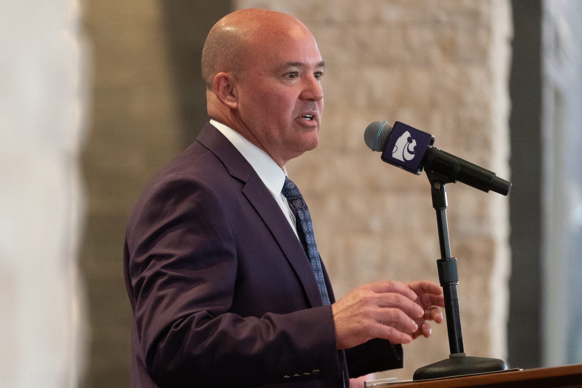 Casey Alexander makes remarks after being welcomed as the new head coach of the Kansas State mens basketball team during a press conference at Bramlage Coliseum on Monday, March 16, 2026.