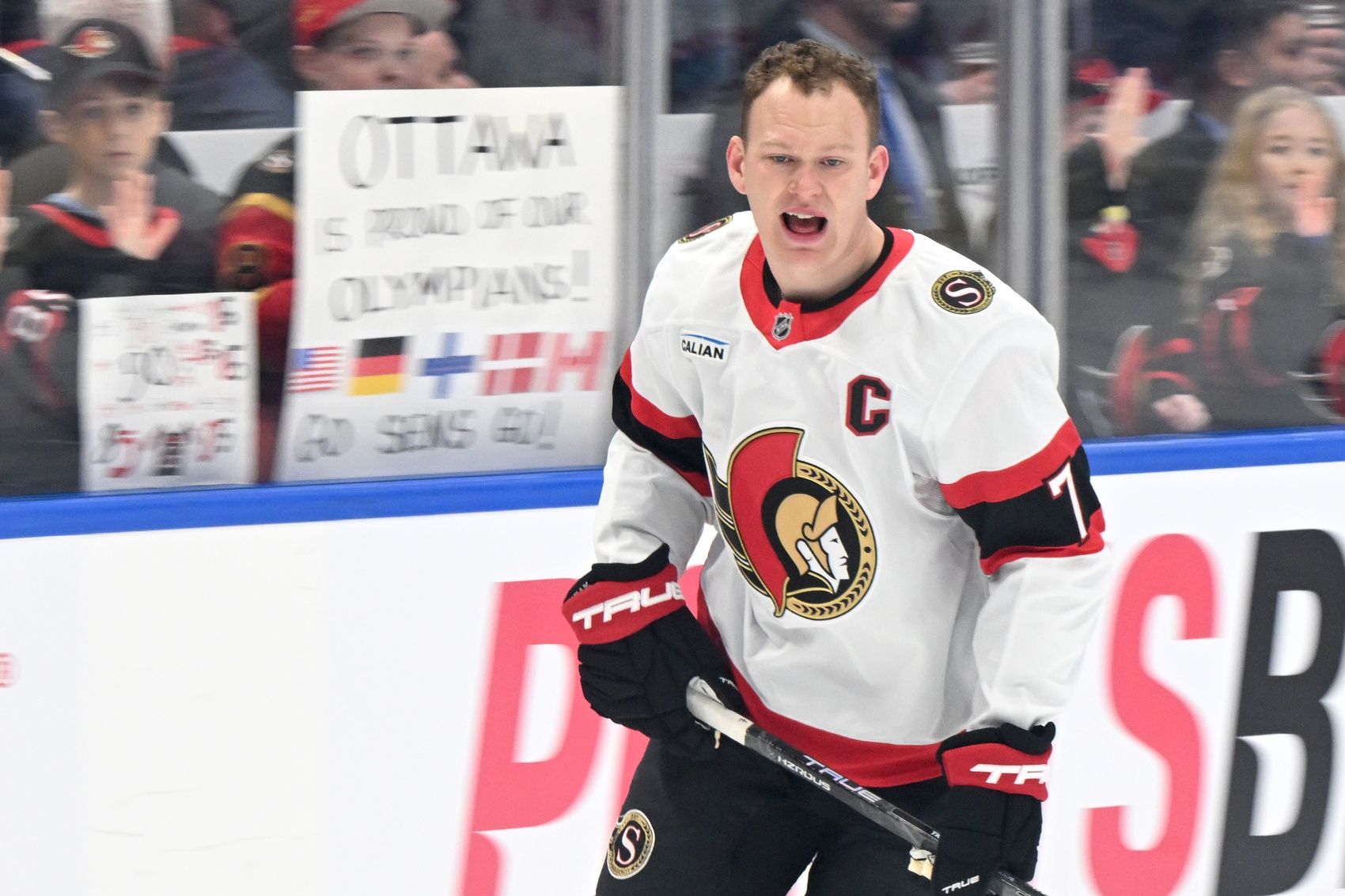Ottawa Senators forward Brady Tkachuk (7) warms up before playing the Toronto Maple Leafs at Scotiabank Arena.