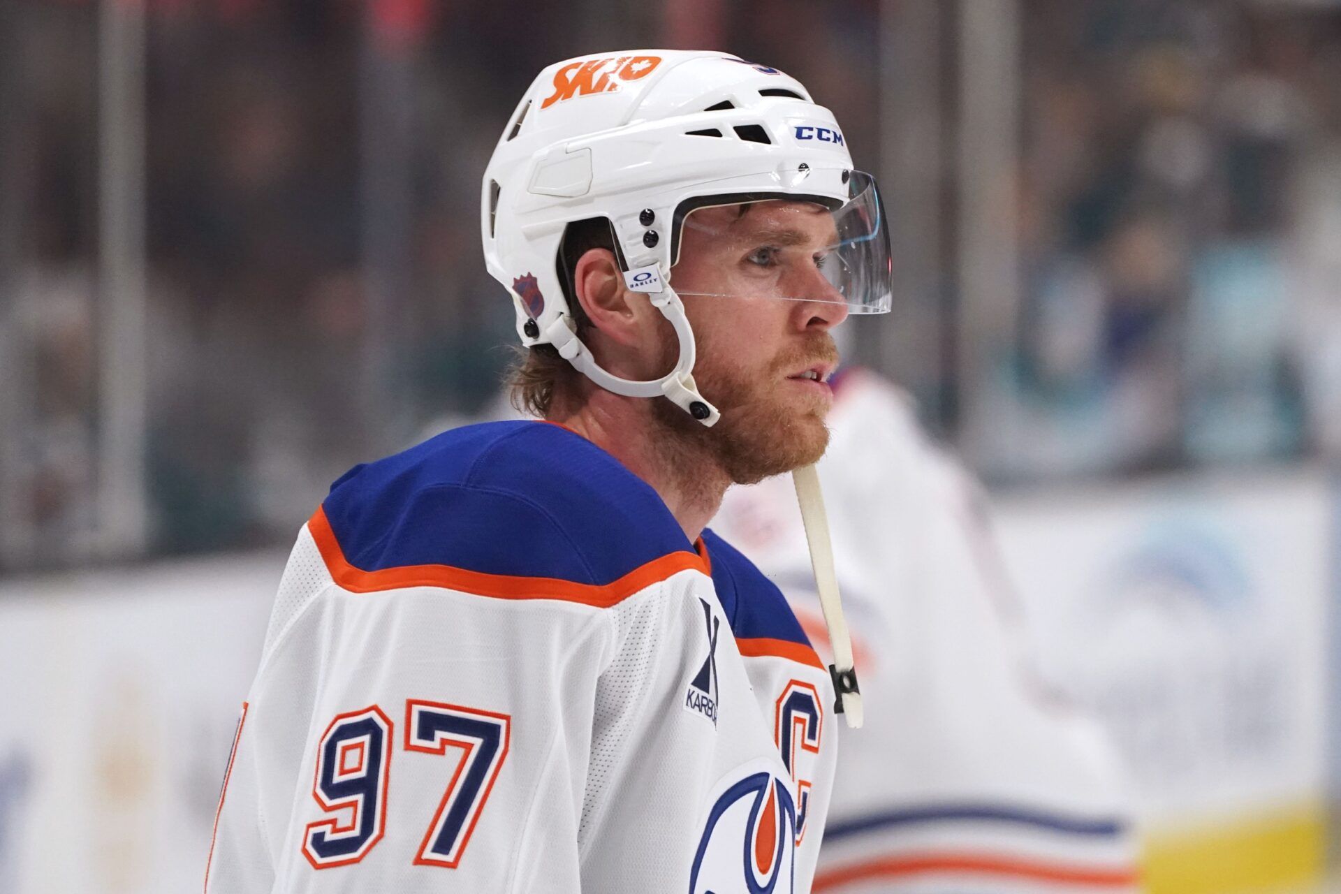 Edmonton Oilers center Connor McDavid (97) warms up before the game against the San Jose Sharks at SAP Center at San Jose.