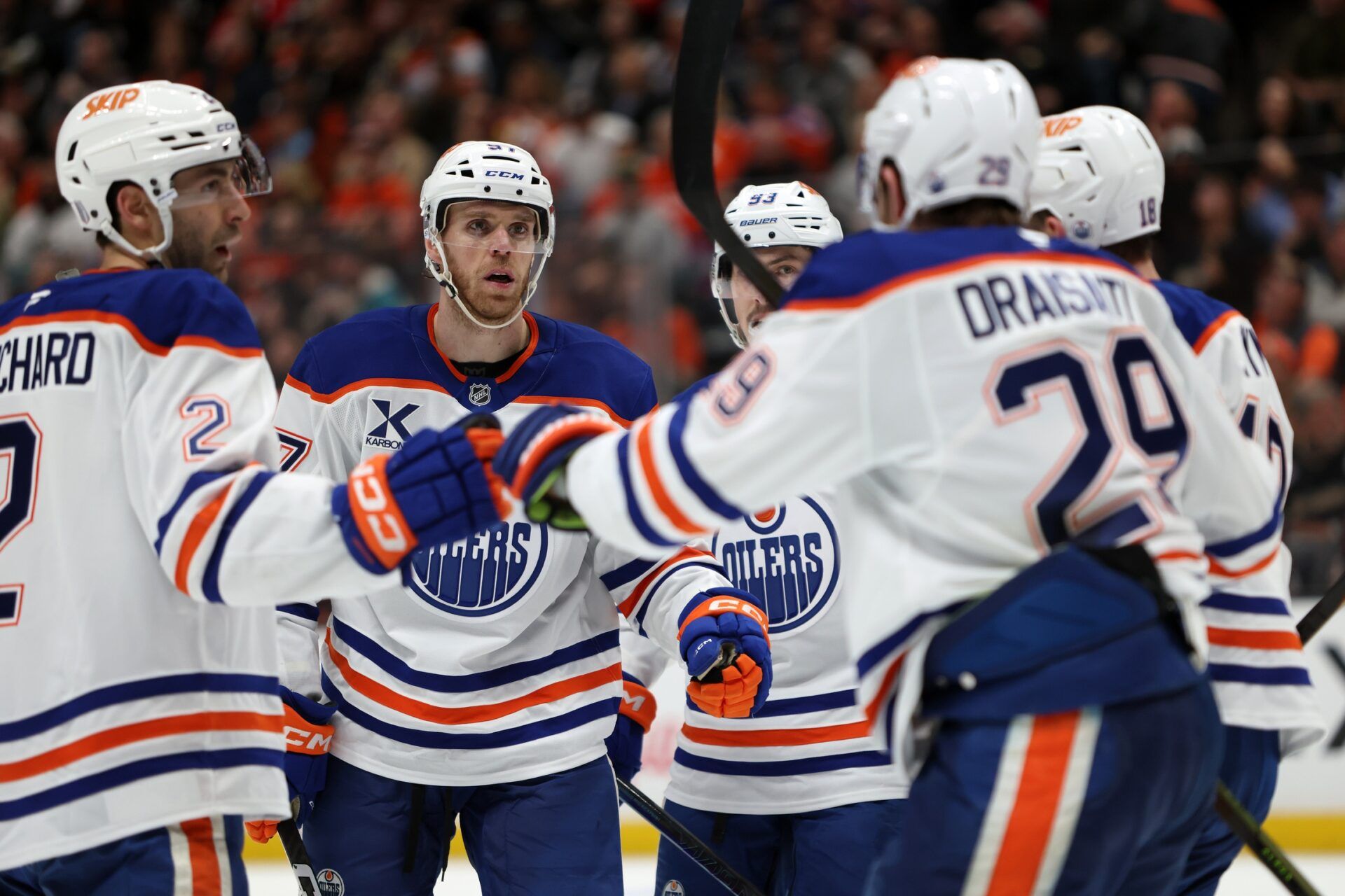Edmonton Oilers center Connor McDavid (second from left) celebrates with teammates after scoring a a power play goal during the third period against the Anaheim Ducks in game three of the first round of the 2026 Stanley Cup Playoffs at Honda Center.