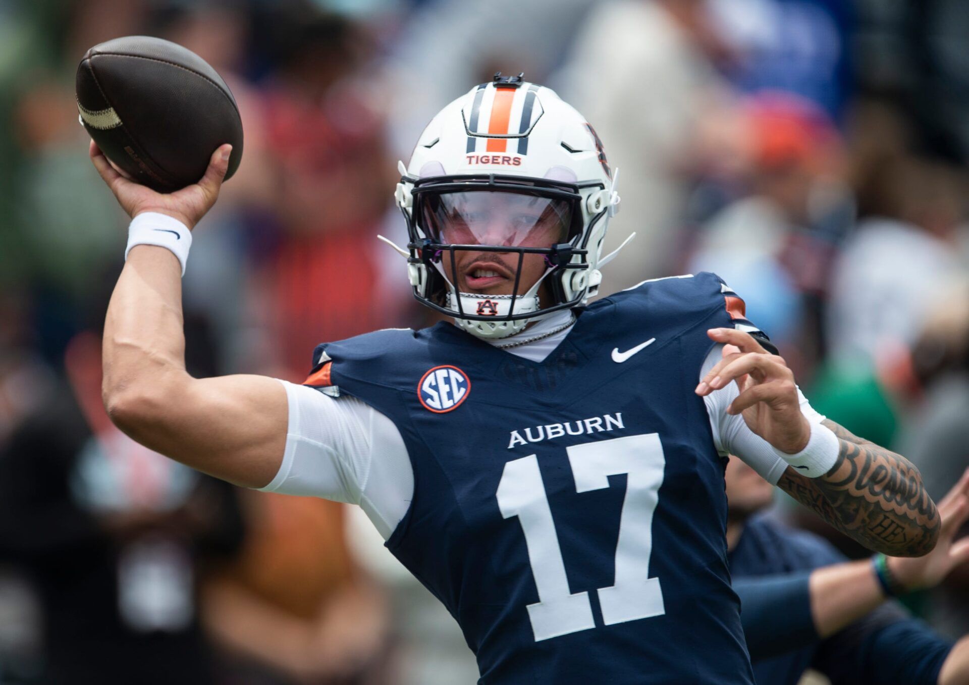 Auburn Tigers quarterback Byrum Brown (17) warms up before Auburn Tigers A-Day spring game at Jordan-Hare Stadium in Auburn, Ala. on Saturday, April 18, 2026.