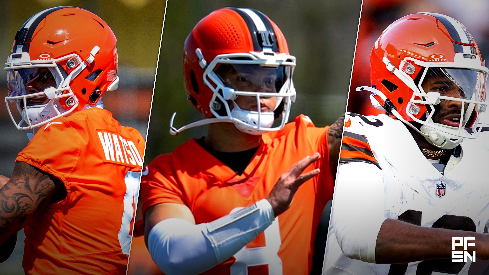 Dillon Gabriel, quarterback, throws the ball at the Browns mini camp in Berea on April 21, 2026.
Credit:
© Lisa Scalfaro / USA TODAY NETWORK via Imagn Images

Deshaun Watson, quarterback, throws a pass at the Browns mini camp in Berea on April 21, 2026.
Credit:
© Lisa Scalfaro / USA TODAY NETWORK via Imagn Images

Cleveland Browns quarterback Shedeur Sanders (12) runs the ball in the fourth quarter of the NFL Week 18 game between the Cincinnati Bengals and the Cleveland Browns at Paycor Stadium in Downtown Cincinnati on Sunday, Jan. 4, 2026. The Browns kicked a last second field goal to win 20-18.
Credit:
© Sam Greene/The Enquirer / USA TODAY NETWORK via Imagn Images