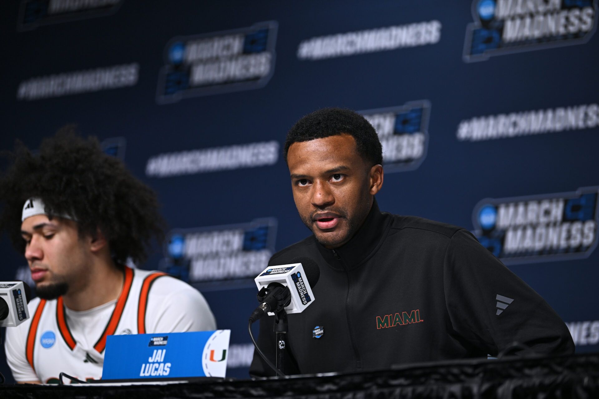 Miami (FL) Hurricanes head coach Jai Lucas answers questions at a press conference after the game against Missouri Tigers during a first round game of the men's 2026 NCAA Tournament at Enterprise Center.