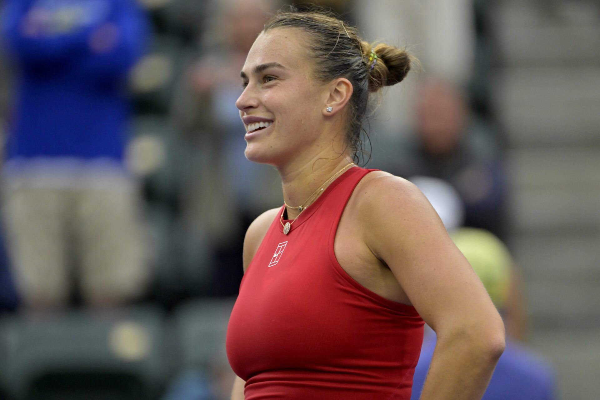 Aryna Sabalenka (BEL) smiles during her on court interview after defeating Sonay Kartal (not pictured) in round four of the BNP Paribas Open at the Indian Well Tennis Garden.