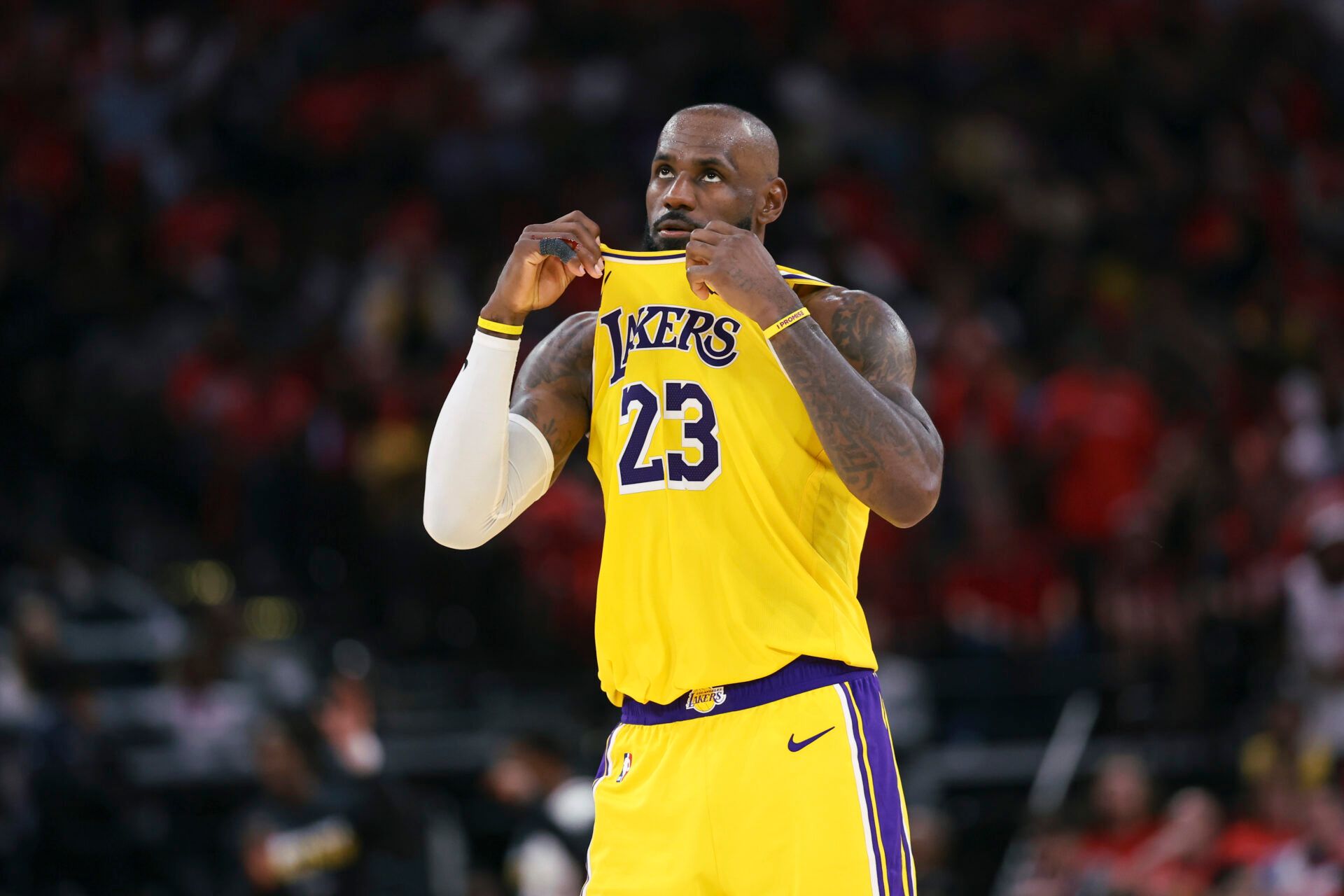 Los Angeles Lakers forward LeBron James (23) looks up during the fourth quarter against the Houston Rockets during game three of the first round of the 2026 NBA Playoffs at Toyota Center.