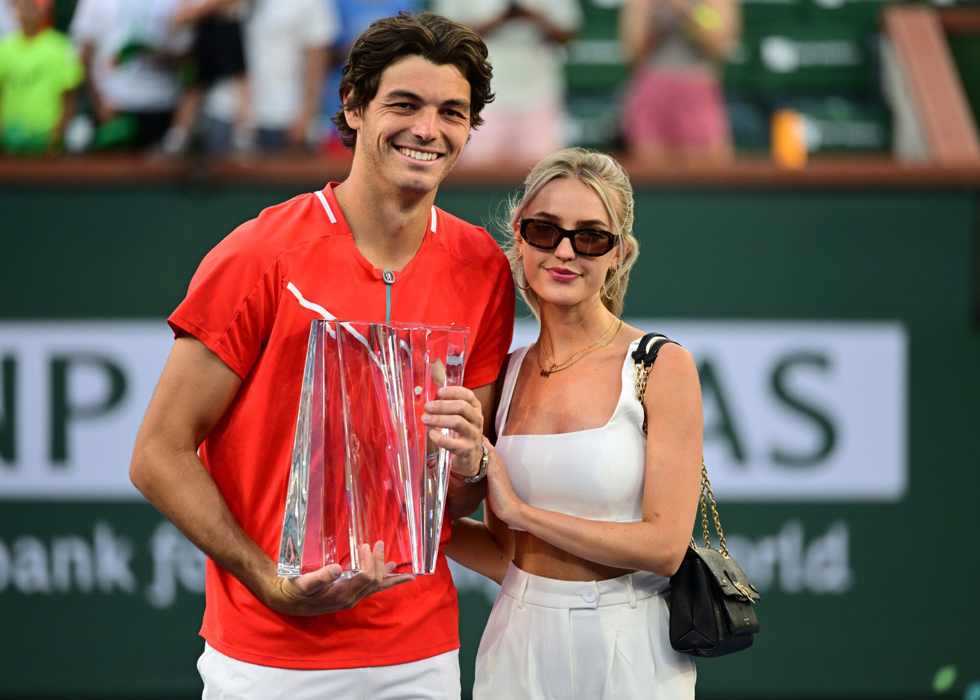 Taylor Fritz (USA) with his girlfriend Morgan Riddle after defeating Rafael Nadal (ESP) in the men’s final at the BNP Paribas Open at the Indian Wells Tennis Garden.