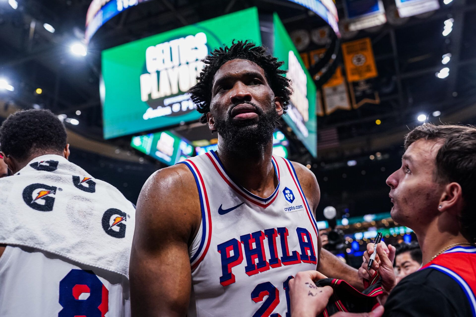 Philadelphia 76ers center Joel Embiid (21) exits the court after the game against the Boston Celtics in game five of the first round of the 2026 NBA Playoffs at TD Garden.
