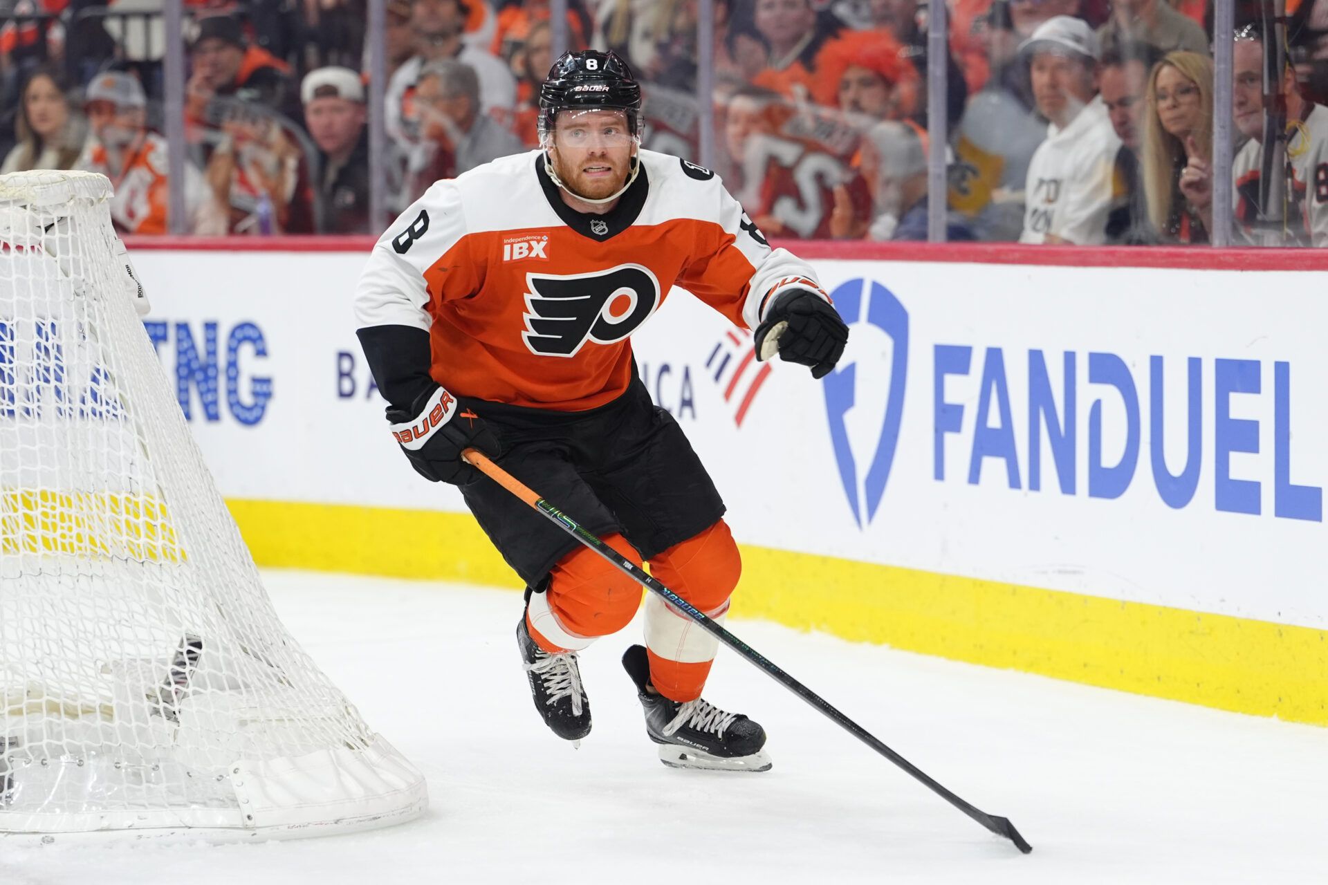Philadelphia Flyers defenseman Cam York (8)at Xfinity Mobile Arena.