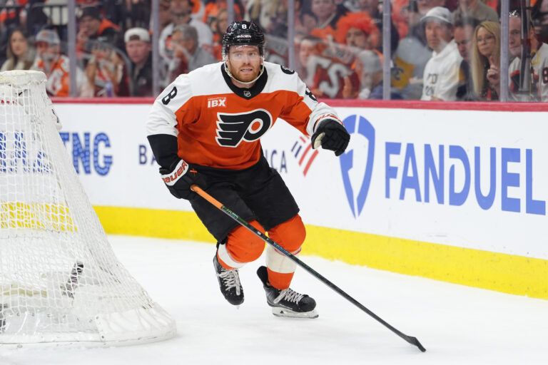 Philadelphia Flyers defenseman Cam York (8)at Xfinity Mobile Arena.