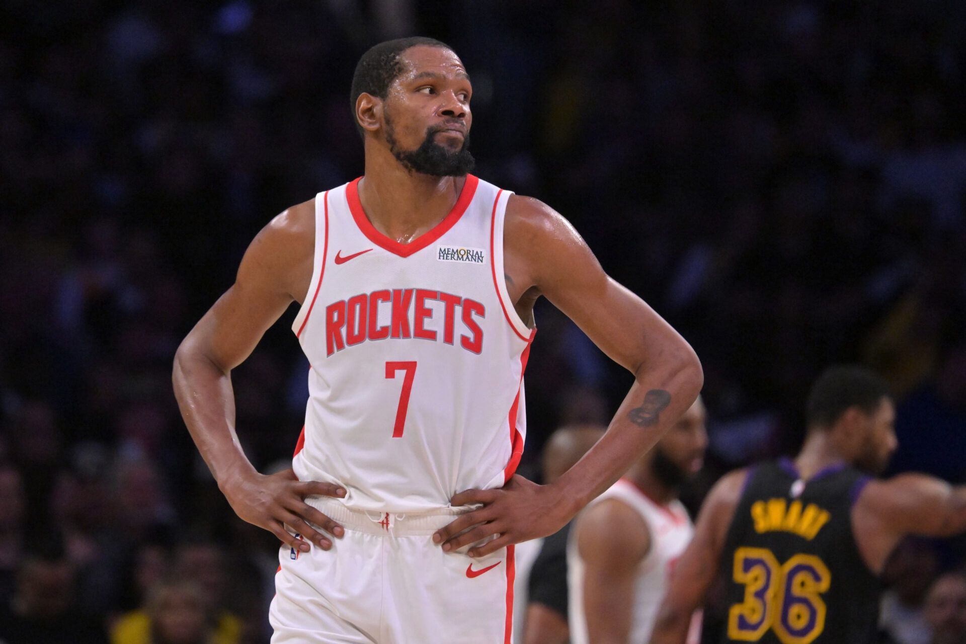 Houston Rockets forward Kevin Durant (7) looks on from the court in the second half of game two of the first round of the 2026 NBA Playoffs against the Los Angeles Lakers at Crypto.com Arena.