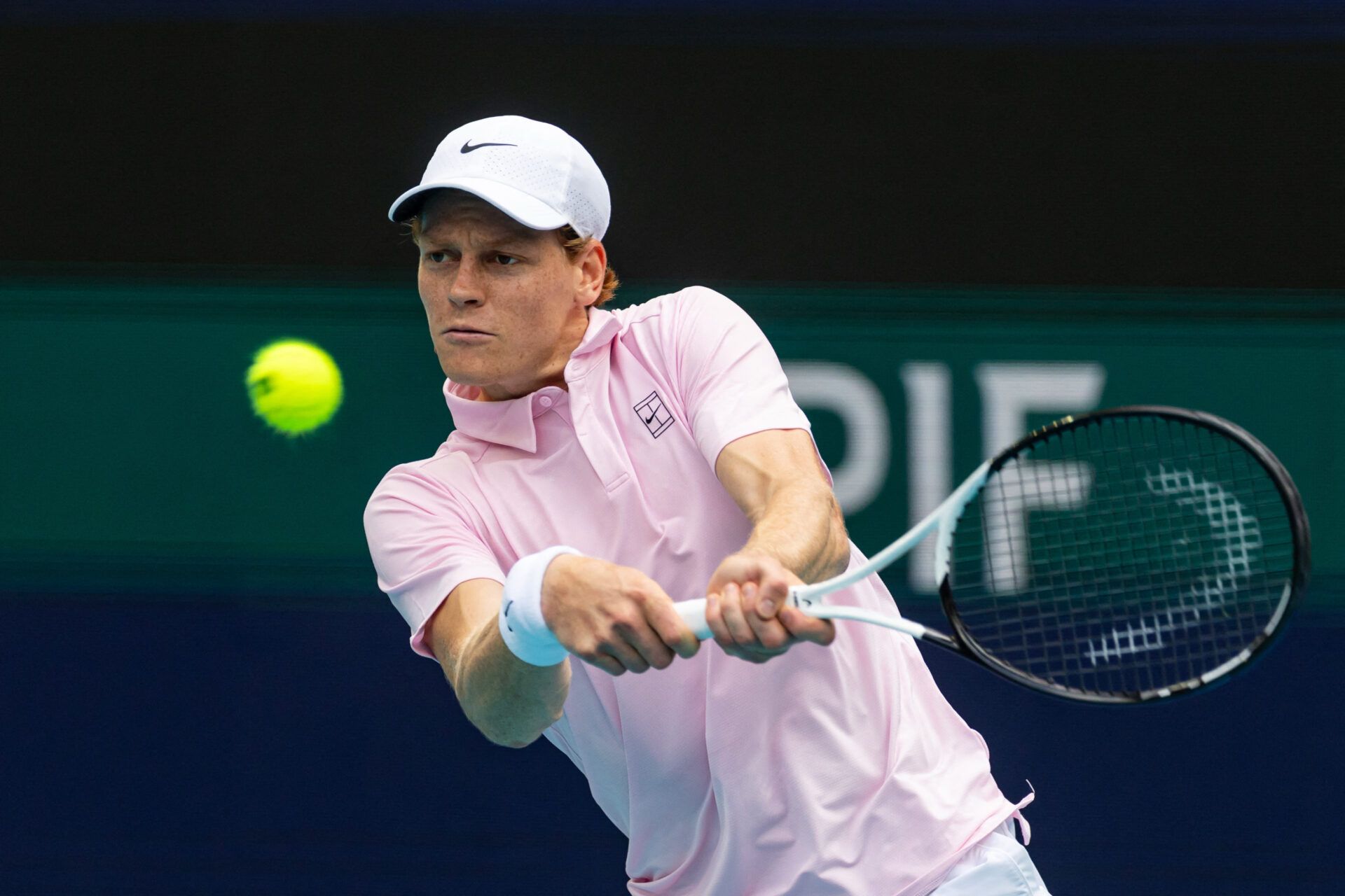 Jannik Sinner of Italy hits a backhand against Jiri Lehecka of the Czech Republic during the final of the men’s singles final of the Miami Open at the Hard Rock Stadium.