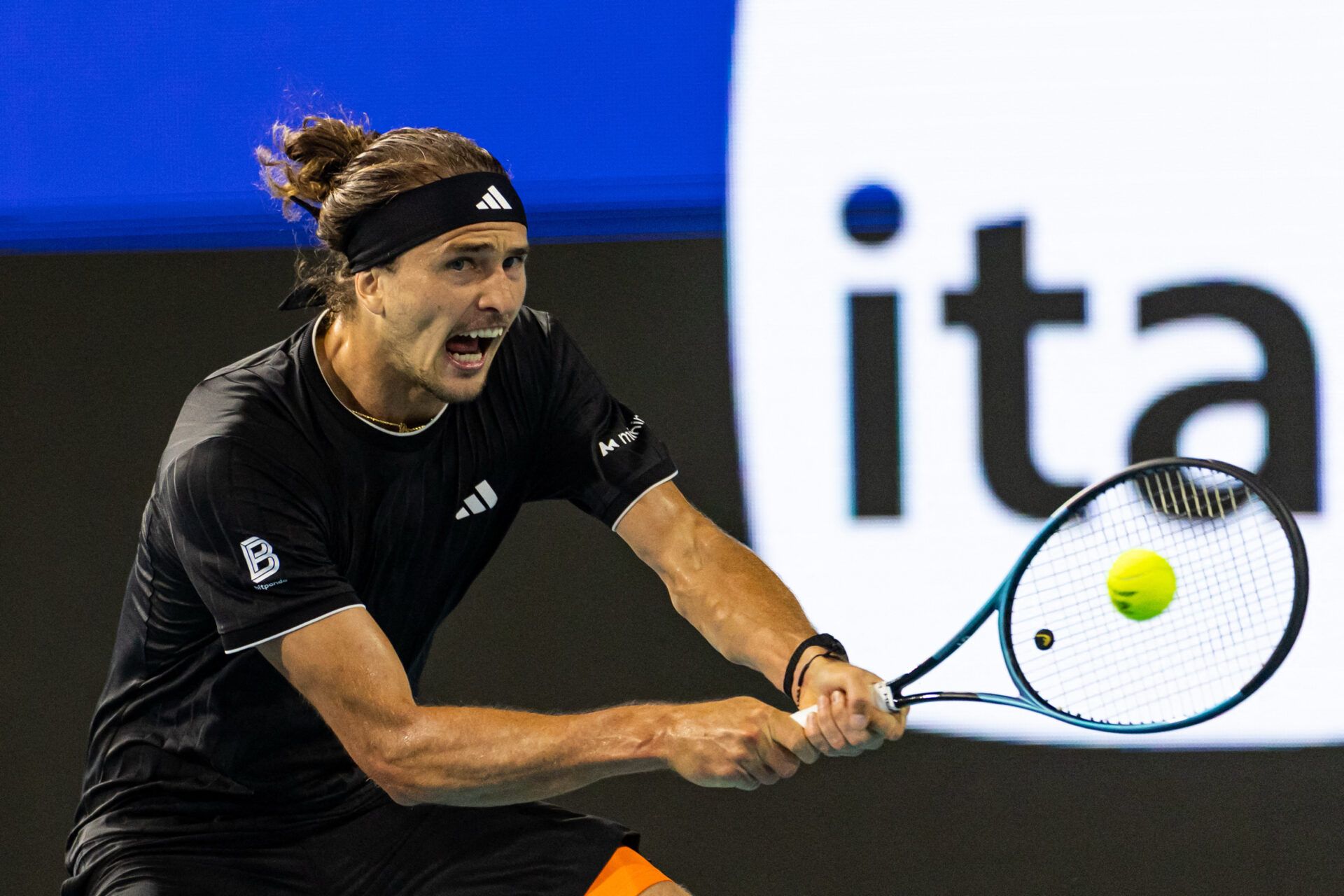 Alexander Zverev of Germany hits a backhand against Jannik Sinner of Italy in the semi-finals of the men’s singles at the Miami Open at the Hard Rock Stadium.