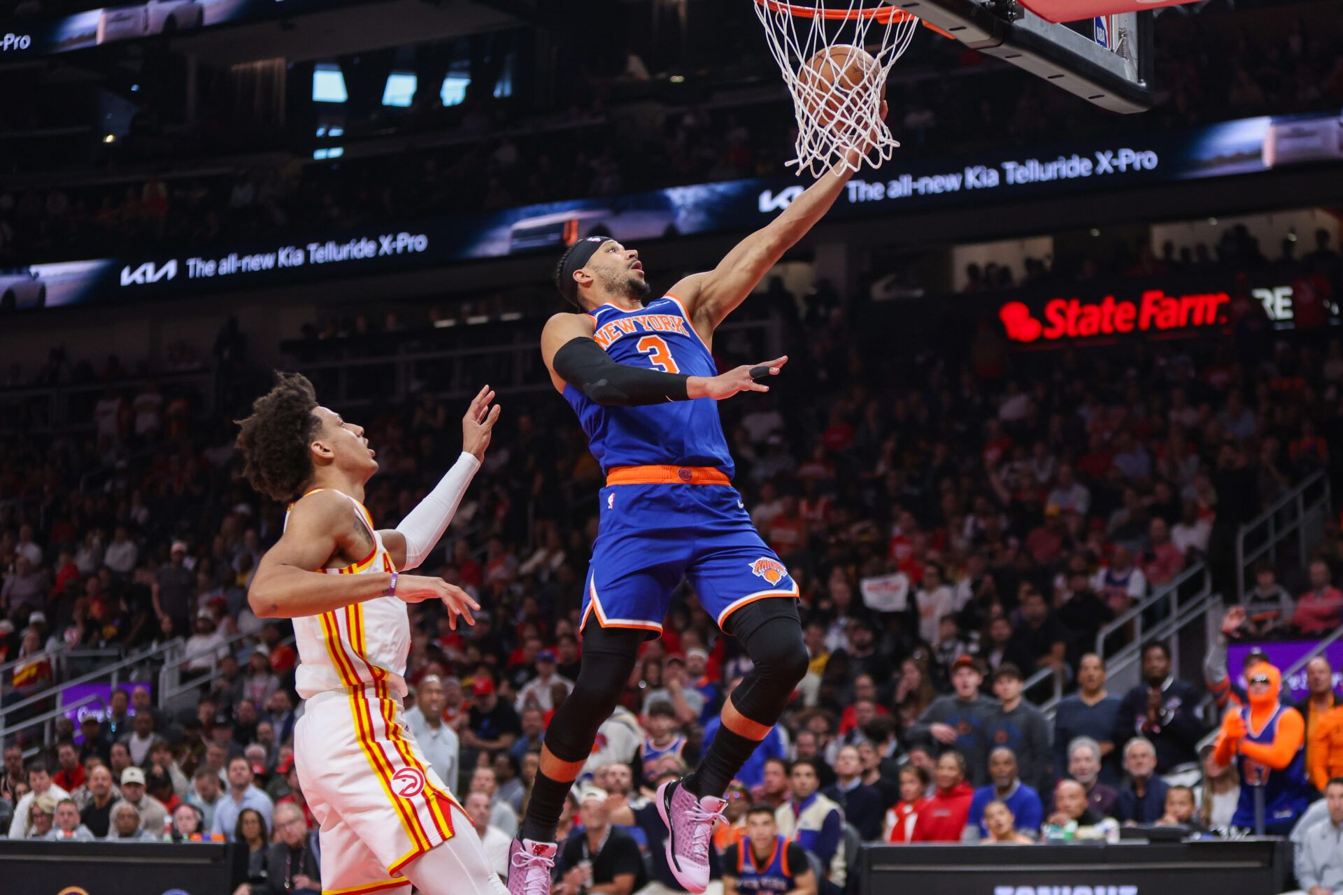 New York Knicks guard Josh Hart (3) shoots against the Atlanta Hawks in the first quarter during game six of the first round of the 2026 NBA Playoffs at State Farm Arena.