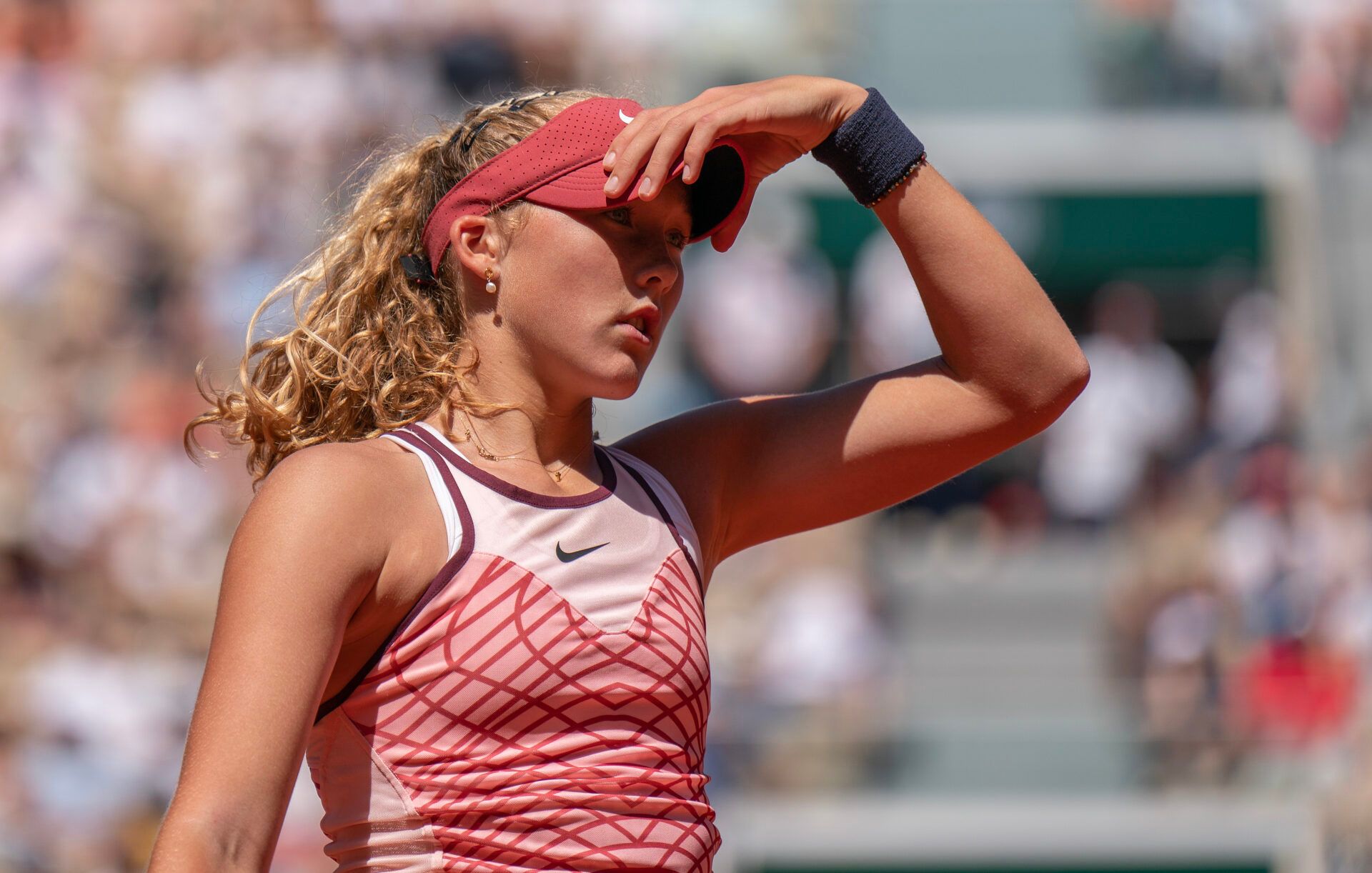 Mirra Andreeva during her match against Coco Gauff (USA) on day seven at Stade Roland-Garros.