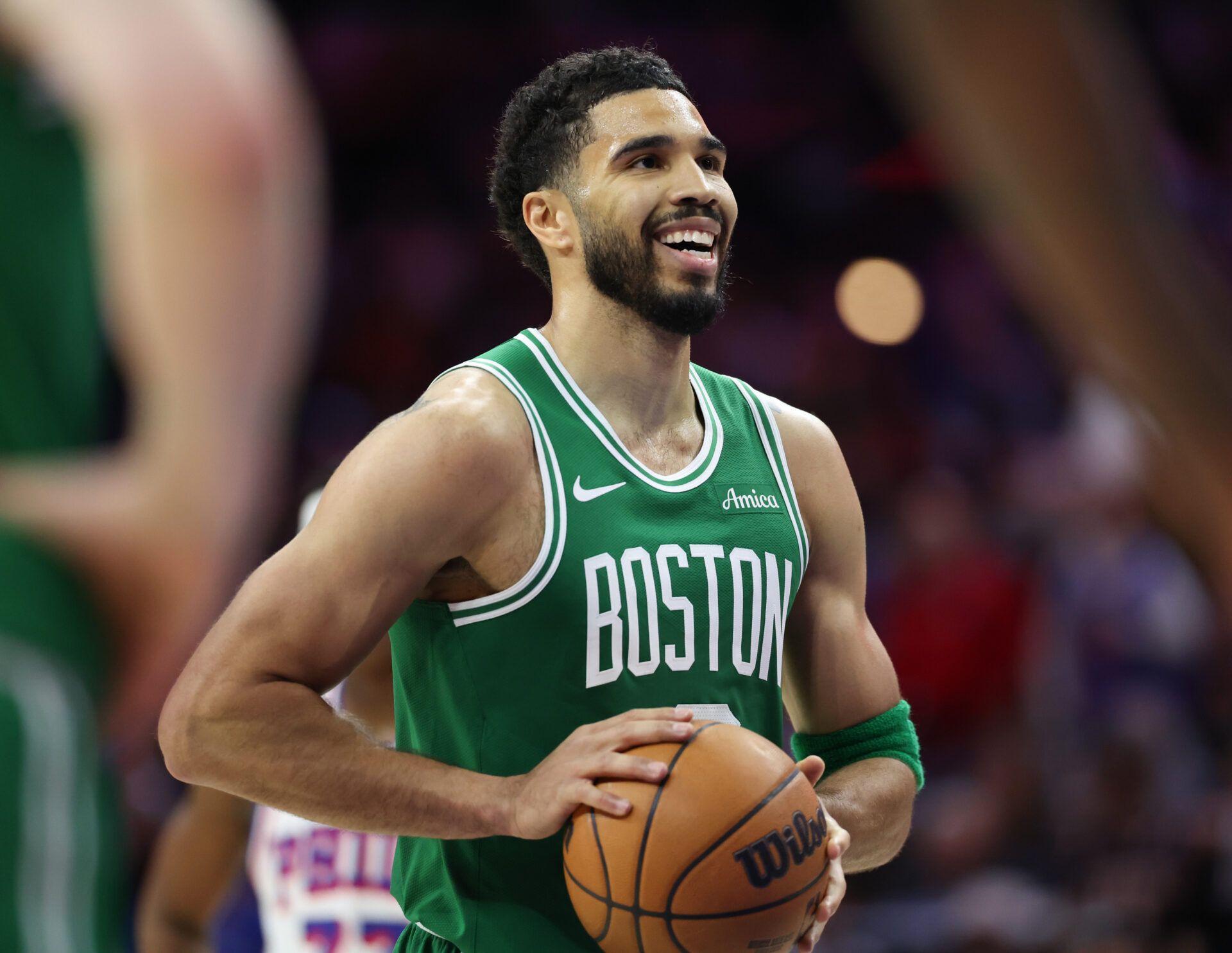 Boston Celtics forward Jayson Tatum (0) prepares to take a foul shot against the Philadelphia 76ers during the second quarter at Xfinity Mobile Arena.