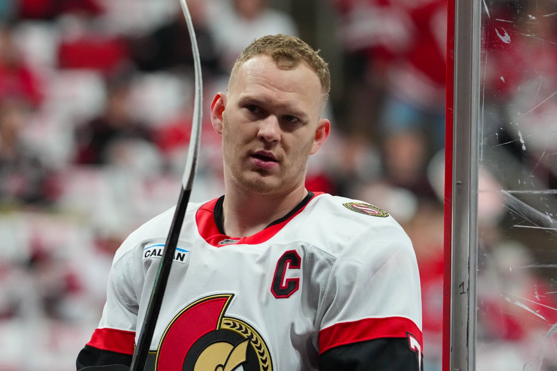 Ottawa Senators left wing Brady Tkachuk (7) comes off the ice after the warmups before the game against the Carolina Hurricanes in game two of the first round of the 2026 Stanley Cup Playoffs at Lenovo Center.
