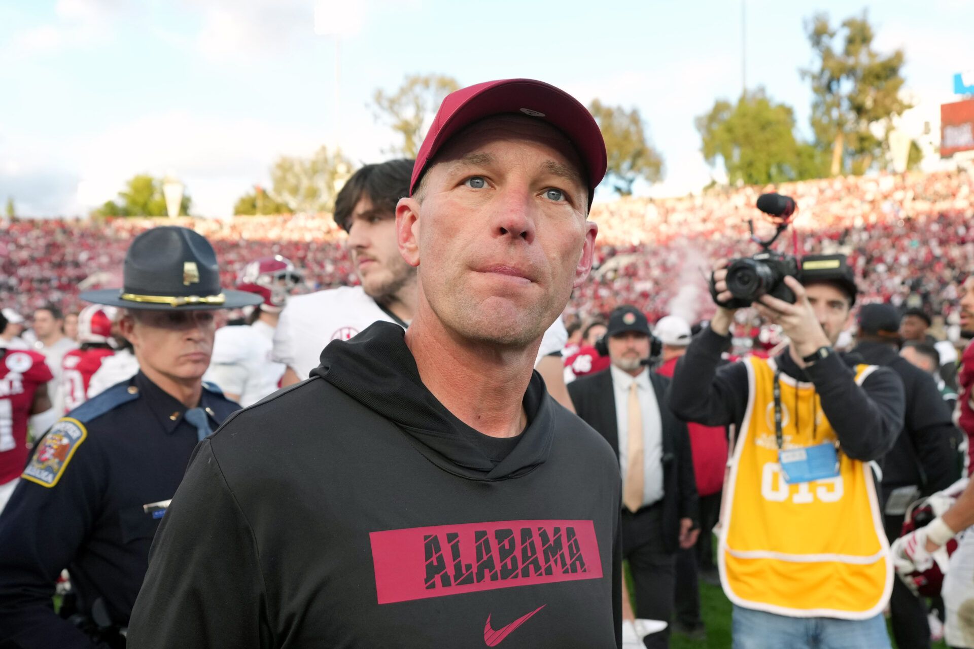 Alabama Crimson Tide head coach Kalen Deboer leaves the field after the 2026 Rose Bowl and quarterfinal game of the College Football Playoff against the Indiana Hoosiers at Rose Bowl Stadium.