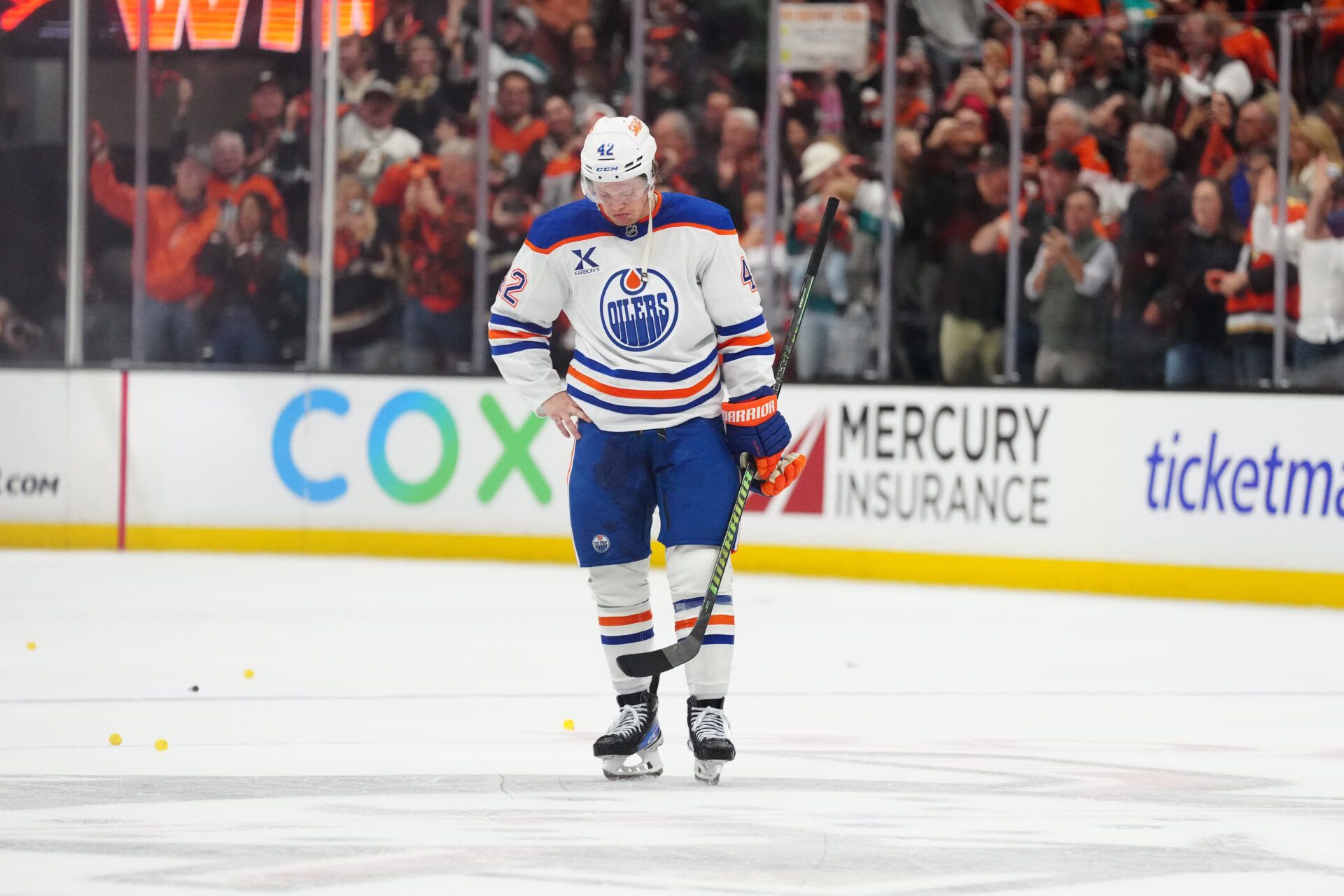 Edmonton Oilers right wing Kasperi Kapanen (42) reacts at the end of game six of the first round of the 2026 Stanley Cup Playoffs against the Anaheim Ducks at Honda Center.