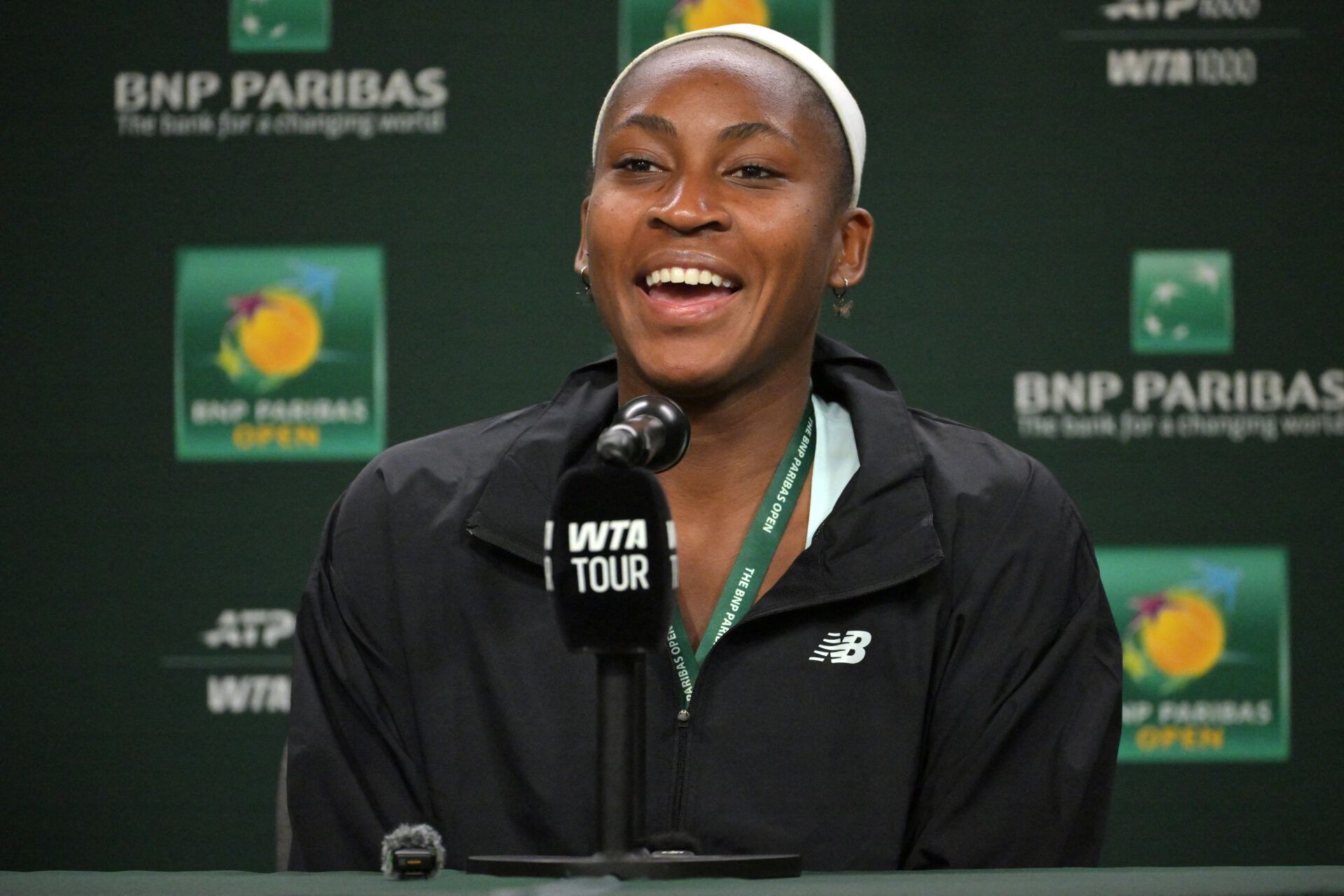 Coco Gauff (USA) speaks to the media at a news conference during the BNP Paribas Open at the Indian Wells Tennis Garden.
