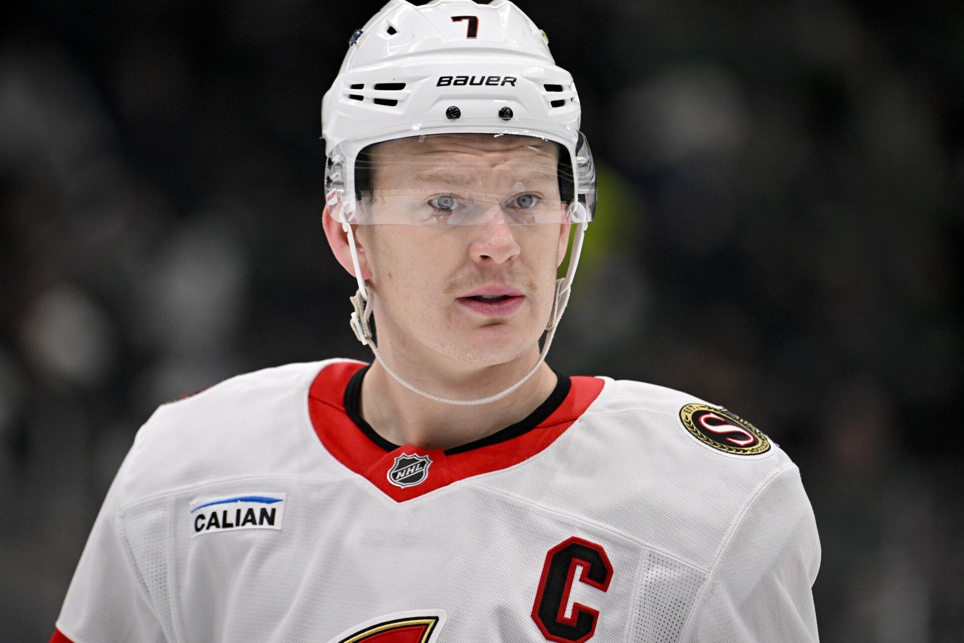 Ottawa Senators left wing Brady Tkachuk (7) looks on during the game between the Stars and the Senators at the American Airlines Center.