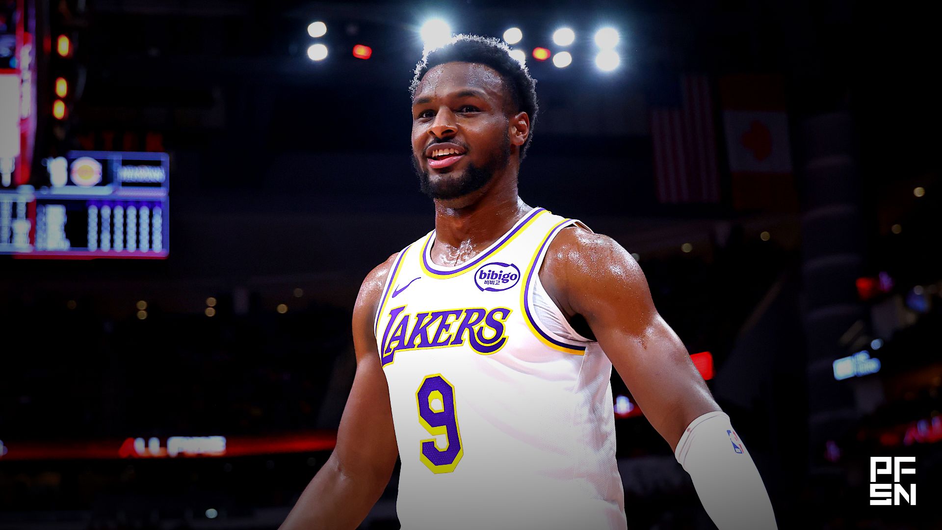 Los Angeles Lakers guard Bronny James (9) reacts after a play during the fourth quarter against the Houston Rockets during game four of the first round of the 2026 NBA Playoffs at Toyota Center.