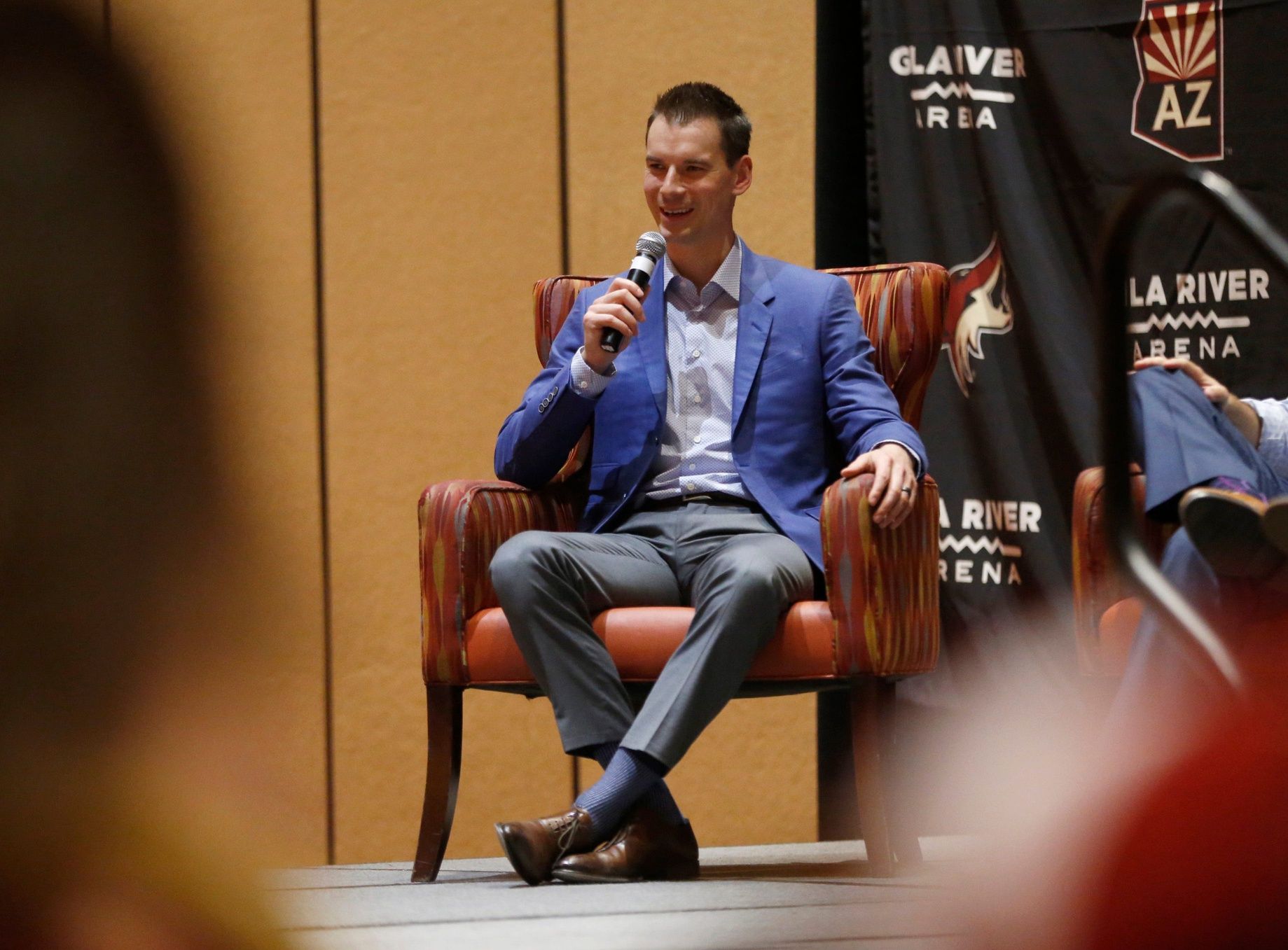 Coyotes GM John Chayka answers questions from Matt McConnell (R) at Renaissance Phoenix Glendale Hotel & Spa in Glendale, Ariz. on June 28, 2019. 

Coyotes