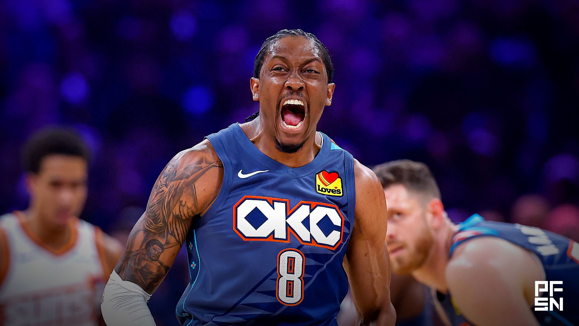 Oklahoma City Thunder guard Jalen Williams (8) screams after dunking against the Phoenix Suns in the first half during game two of the first round of the 2026 NBA Playoffs at Paycom Center.