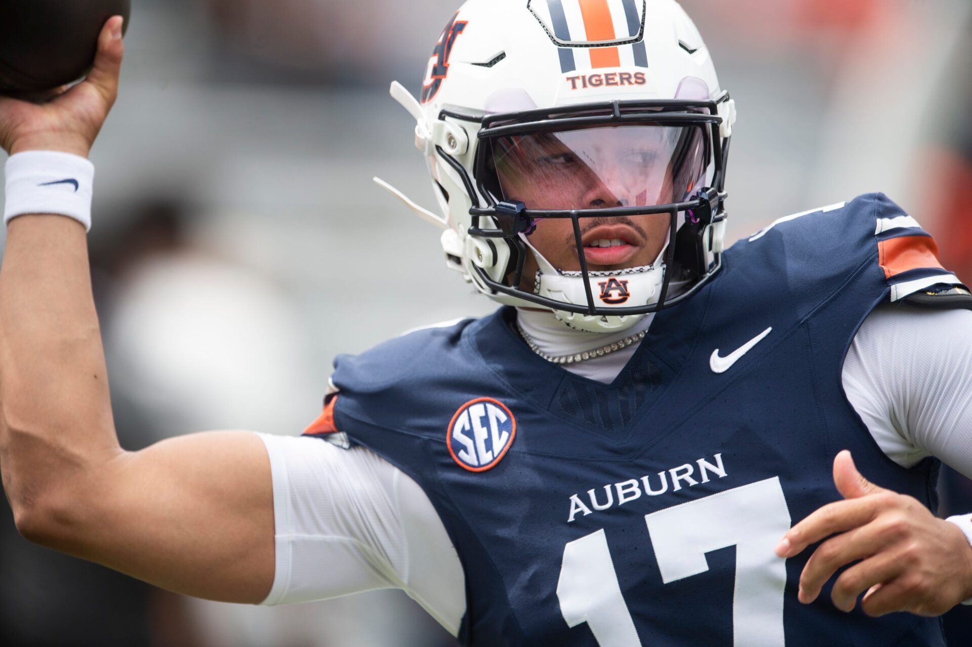 Auburn Tigers quarterback Byrum Brown (17) warms up before Auburn Tigers A-Day spring game at Jordan-Hare Stadium in Auburn, Ala. on Saturday, April 18, 2026.