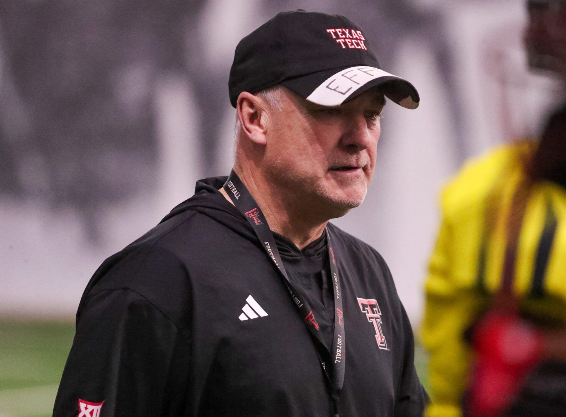 Texas Tech head coach Joey McGuire walks the field during spring football practice, Tuesday, April 14, 2026, at the Womble Football Center.