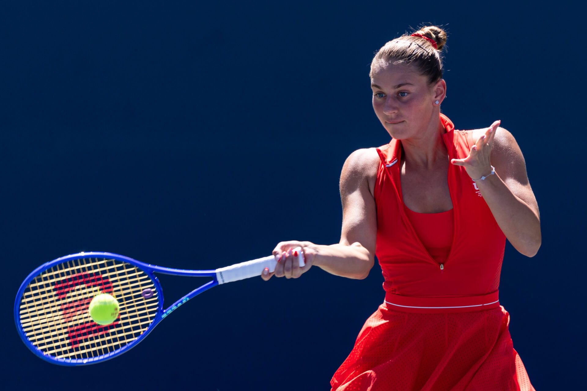 Marta Kostyuk of Ukraine in action against Katie Boulter of United Kingdom in the first round of the women’s singles at the US Open at Billie Jean King National Tennis Centre.