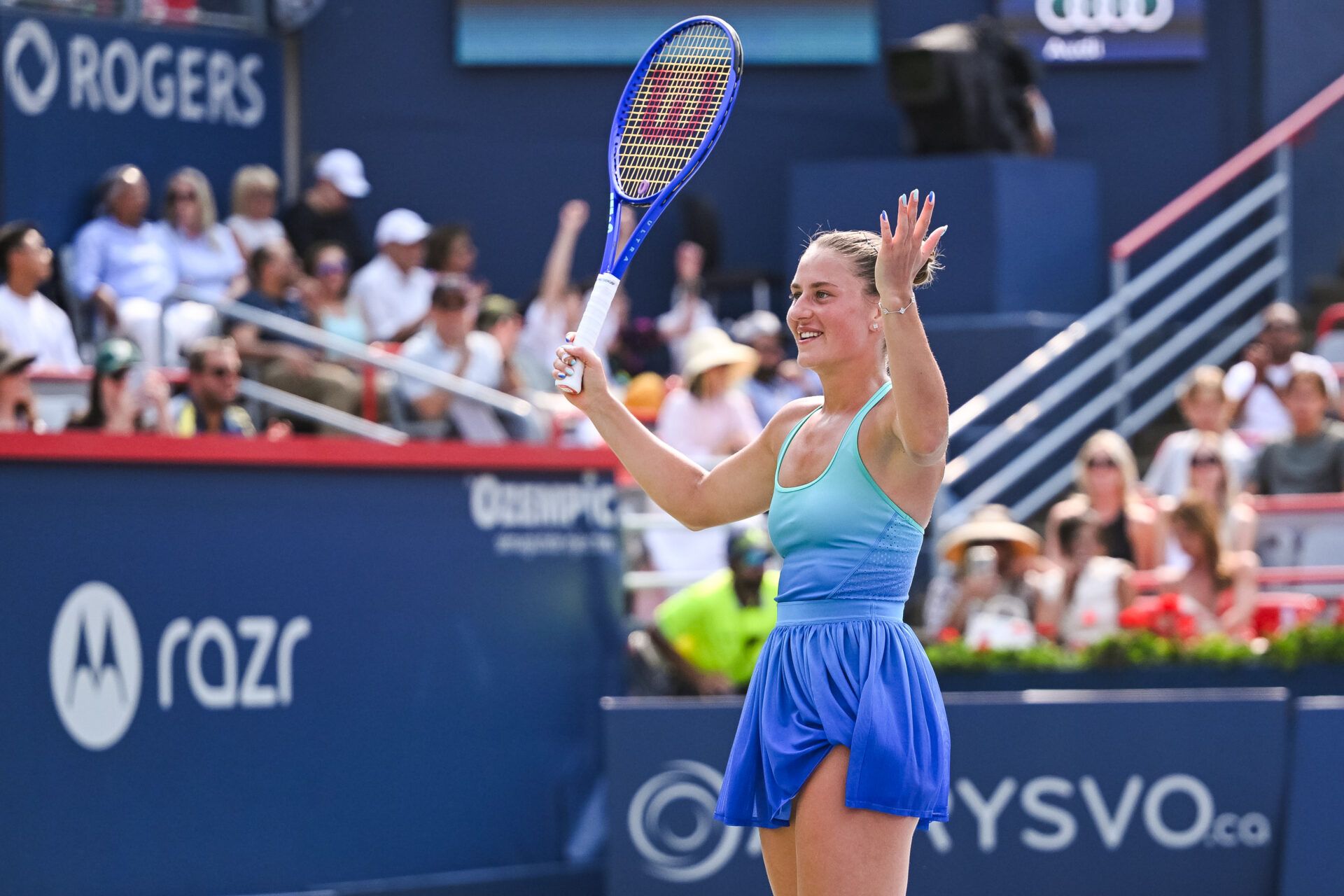 Marta Kostyuk (UKR) reacts after her win against Mccartney Kessler (USA) after fourth round play at IGA Stadium.