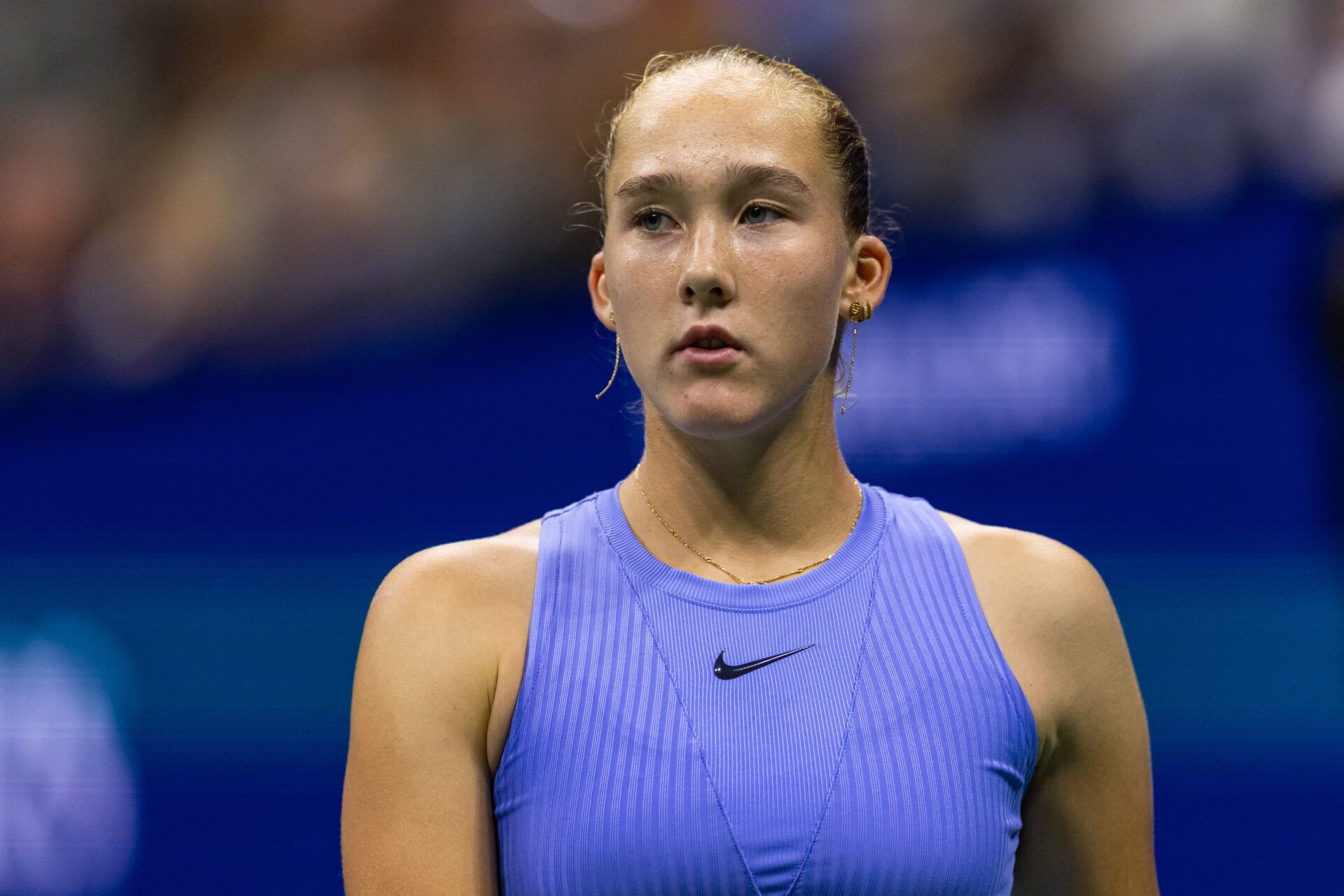 Mirra Andreeva of Russia in action against Taylor Townsend of the United States in the third round of the women’s singles at the US Open at Arthur Ashe Stadium in Billie Jean King National Tennis Center.