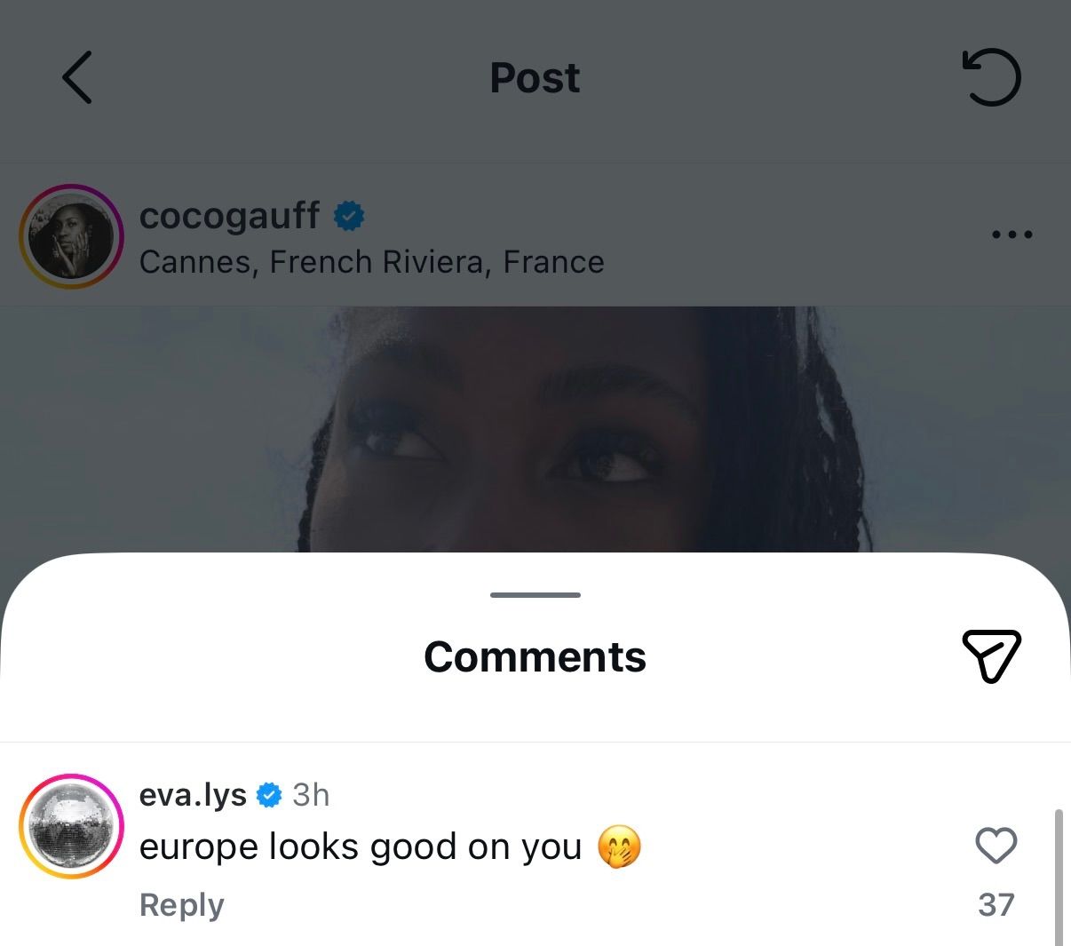 Screengrab of Eva Lys' Comment on Coco Gauff's Post