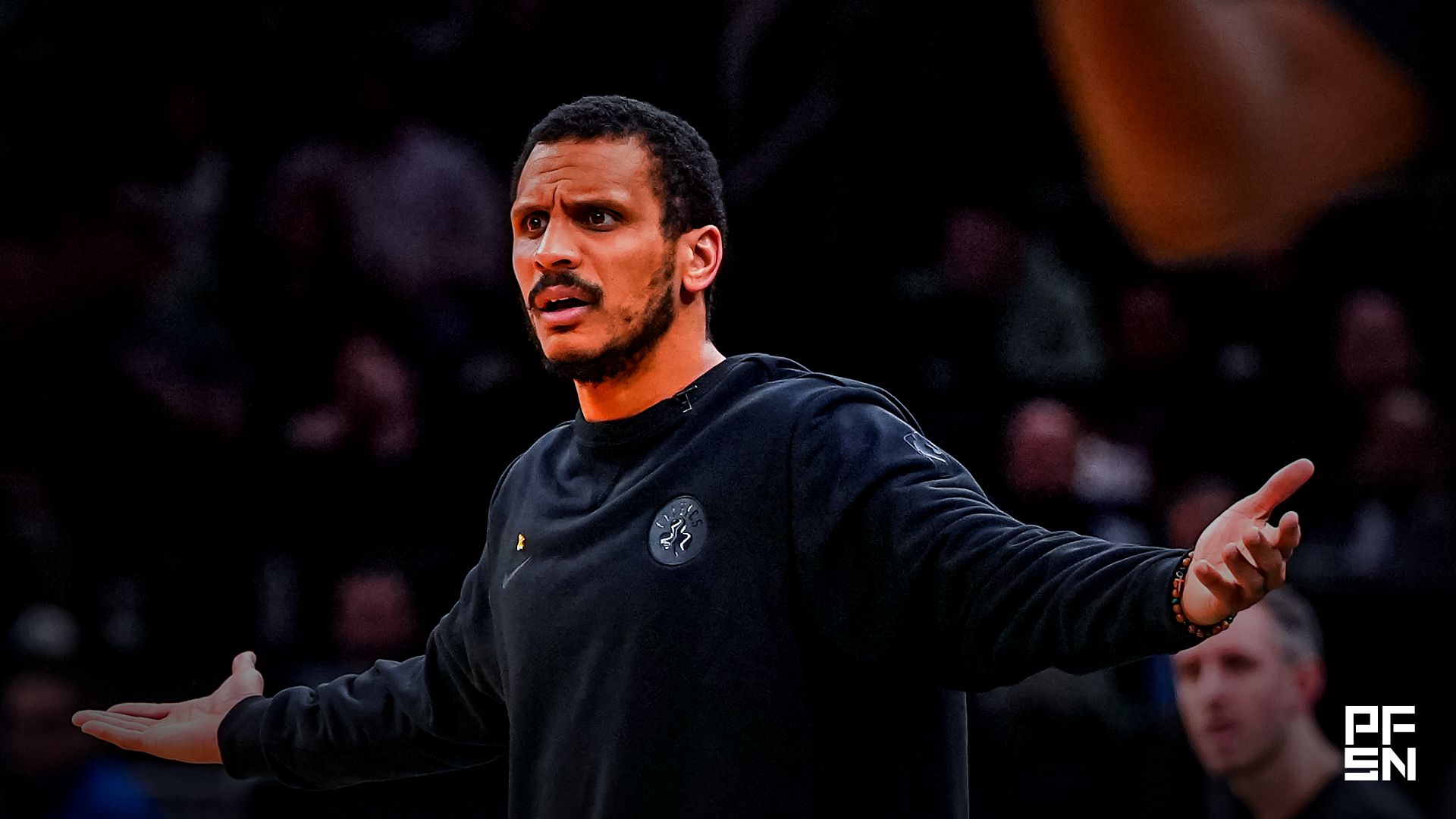 Boston Celtics head coach Joe Mazzulla watches from the sideline as they take on the Philadelphia 76ers during game five of the first round of the 2026 NBA Playoffs at TD Garden.