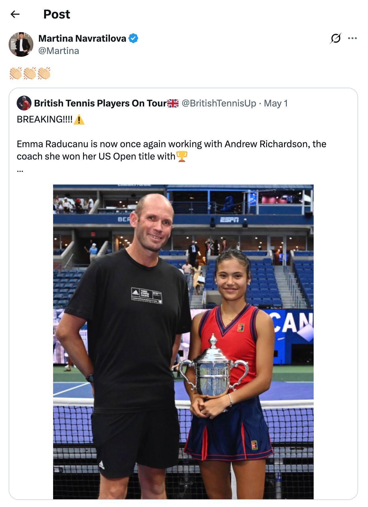 Screengrab of Martina Navratilova's Comment