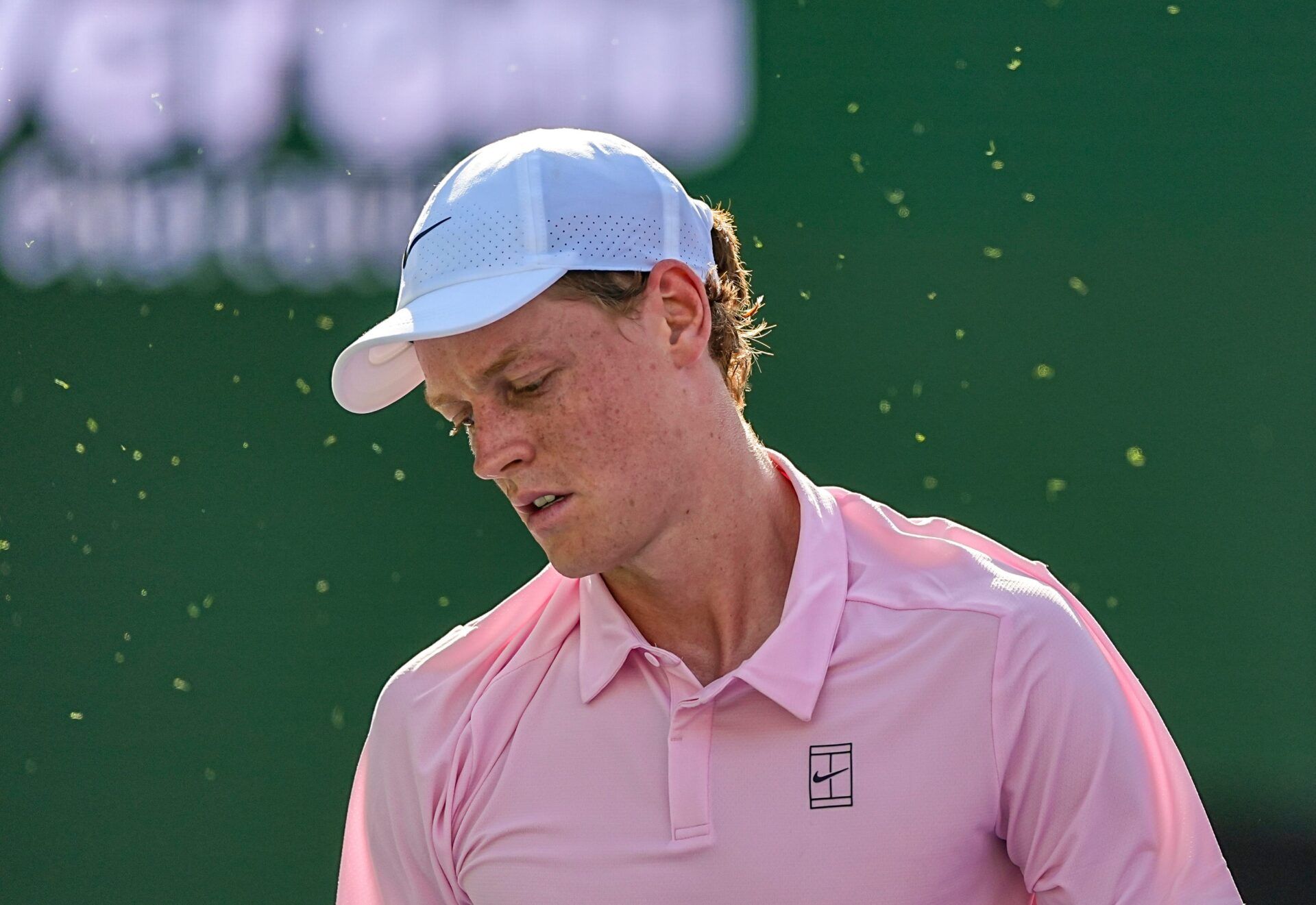 Jannik Sinner reacts to a double fault serve giving a point to Daniil Medvedev in their second set tiebreaker in the mens singles championship final at the BNP Paribas Open in Indian Wells, Calif., Sunday, March 15, 2026.