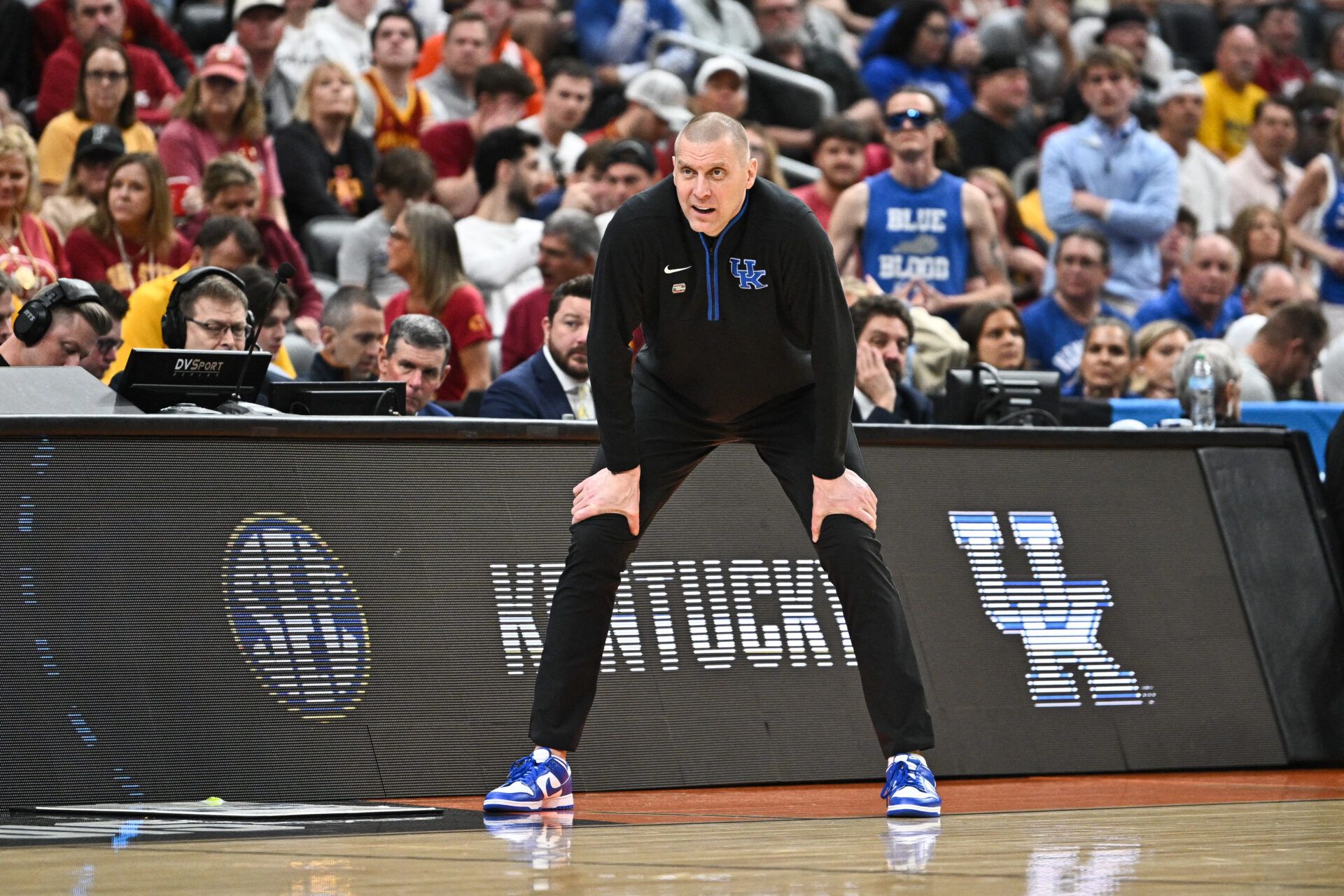 Kentucky Wildcats head coach Mark Pope looks on during the second half against the Iowa State Cyclones during a second round game of the men's 2026 NCAA Tournament at Enterprise Center.