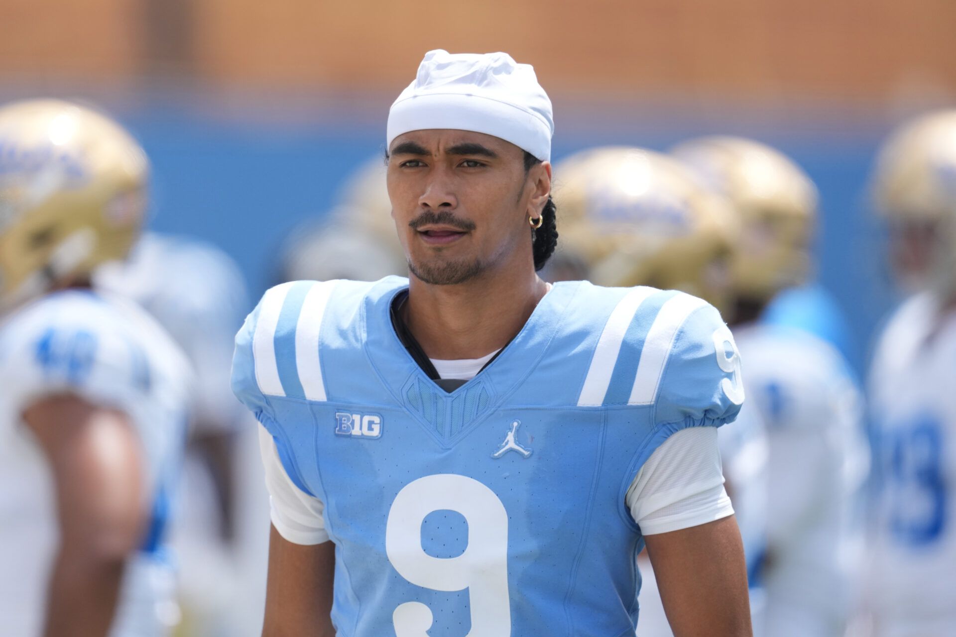 UCLA Bruins quarterback Nico Iamaleava (9) reacts during the spring game at Rose Bowl.
