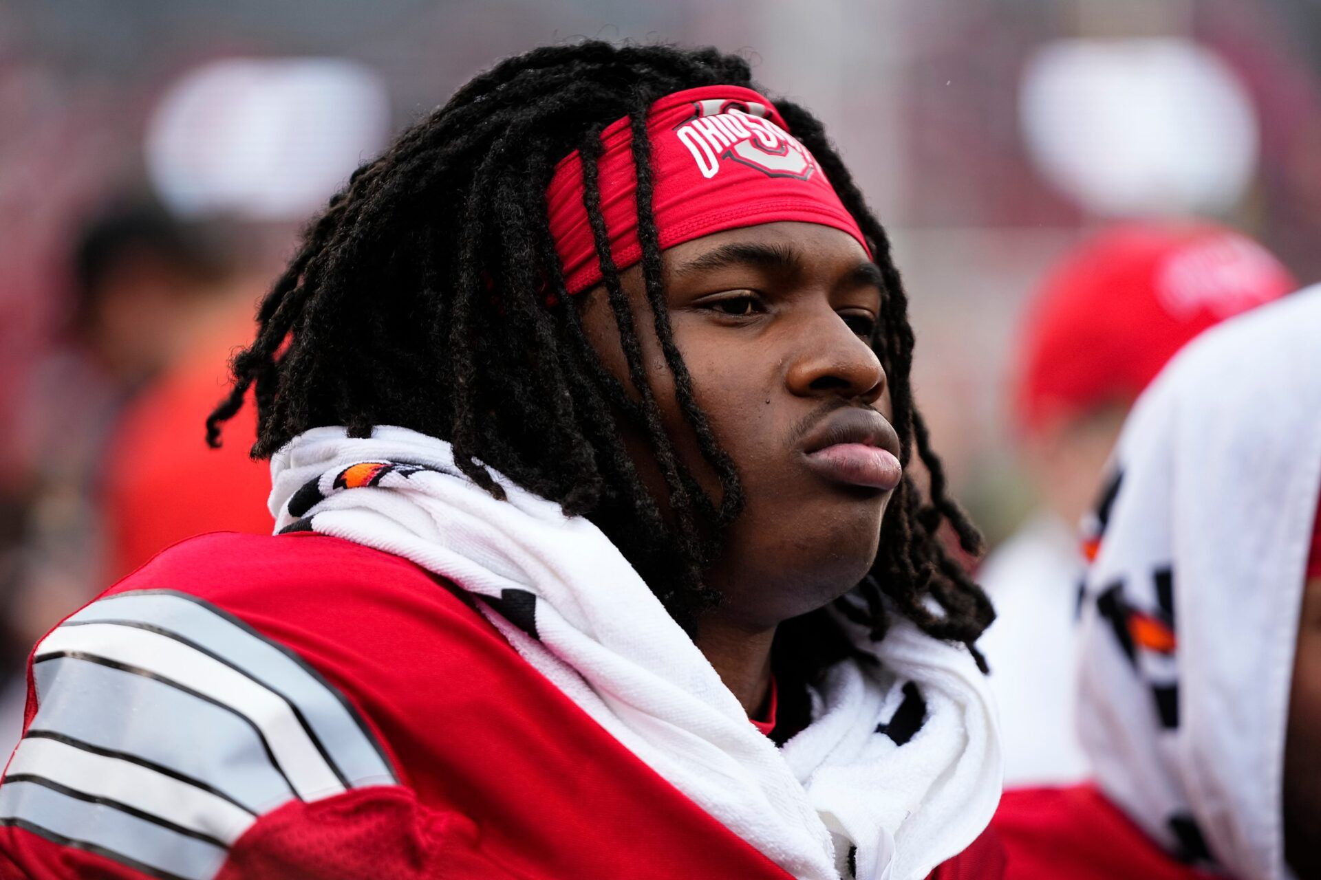Wide receiver Jeremiah Smith (4) watches during the Ohio State football spring game at Ohio Stadium in Columbus on April 18, 2026.